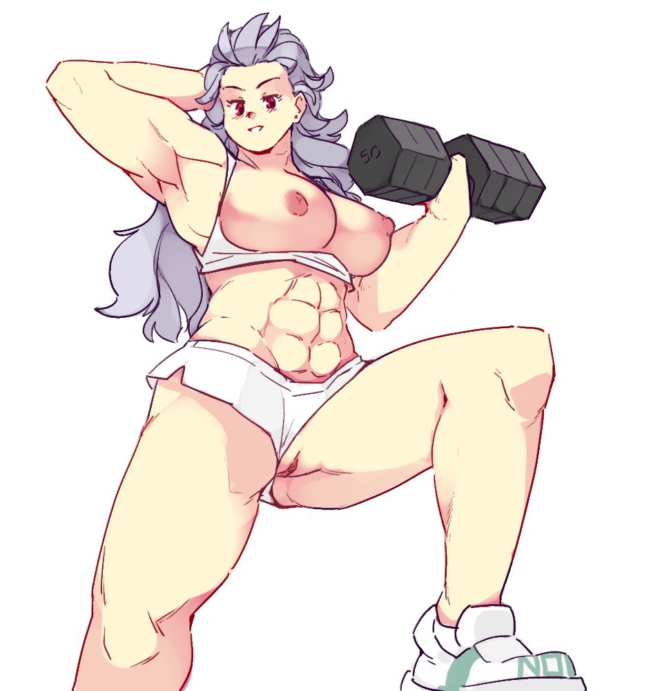 1girls, alternate version available, armpits, big breasts, breasts, breasts out, dorohedoro, exercise, female, gym shorts, gym uniform, long hair, looking at viewer, looking down, muscular, muscular arms, muscular female, muscular thighs, noi (dorohedoro), panties aside, pussy, red eyes, rtil, simple background, solo, weightlifting, white background, white hair, wide hips, wide thighs, workout