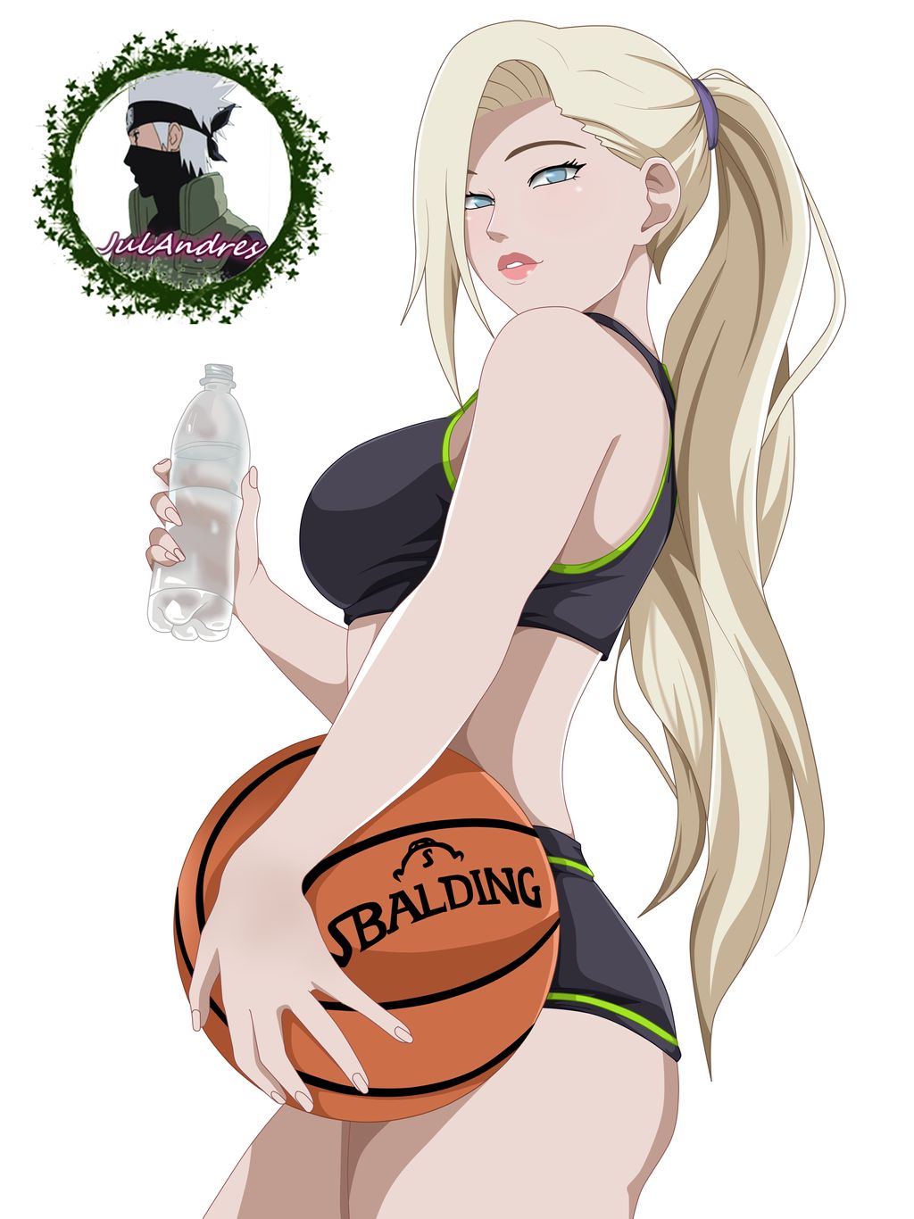 1girls ball bangs basketball_(ball) big_breasts blonde_hair blue_eyes booty_shorts bottle breasts clothing female female_only hair_over_one_eye holding_object ino_yamanaka lipstick long_hair looking_at_viewer makeup nail_polish naruto naruto:_the_last naruto_(series) naruto_shippuden on_side ponytail shorts side_view sideboob solo solo_female sports_bra sportswear tanktop tied_hair tomboy uliyalsa very_long_hair water white_background white_skin