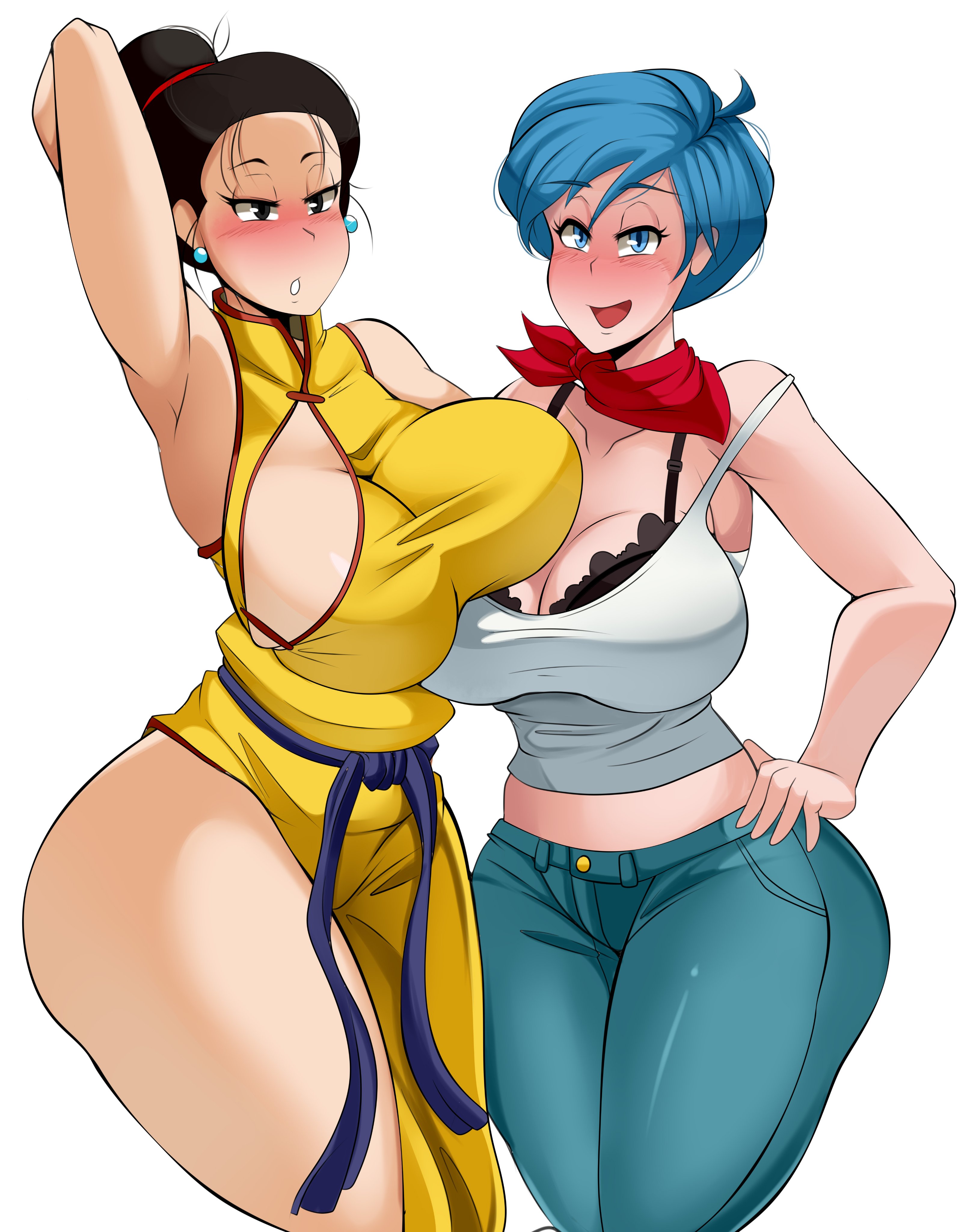 2girls, ass hanging out, bandana, big breasts, black hair, blue eyes, blue hair, blush, bra, breasts, bulma briefs, chichi, cleavage, clothed, comicomryu, dragon ball, dragon ball super, dress, earrings, female, female only, fully clothed, jeans, large breasts, looking at viewer, milf, open mouth, ryumxr, short hair, smile, tank top, thick thighs, tied hair, voluptuous