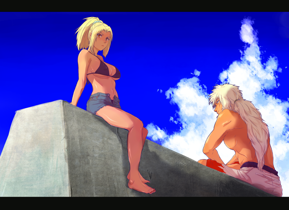 1boy 1girls abs barefoot big_breasts bikini bikini_top black_eyes blonde_hair bra brown_eyes busty cleavage clothed clothing clouds crossed_legs denim_shorts erect_nipples erect_nipples_under_clothes facepaint feet female human jean_shorts jiraiya large_breasts legs long_hair male mature_female mature_male micro_bikini muscles muscular muscular_male naruto naruto_(series) naruto_shippuden nipple_bulge orange_nail_polish orange_nails orange_toenails outdoors ponytail purple_bikini purple_bikini_top shiny_skin short_shorts shorts sideboob sitting sky straight swimsuit tamagokara tied_hair toenail_polish toes tomboy topless tsunade underboob voluptuous white_hair