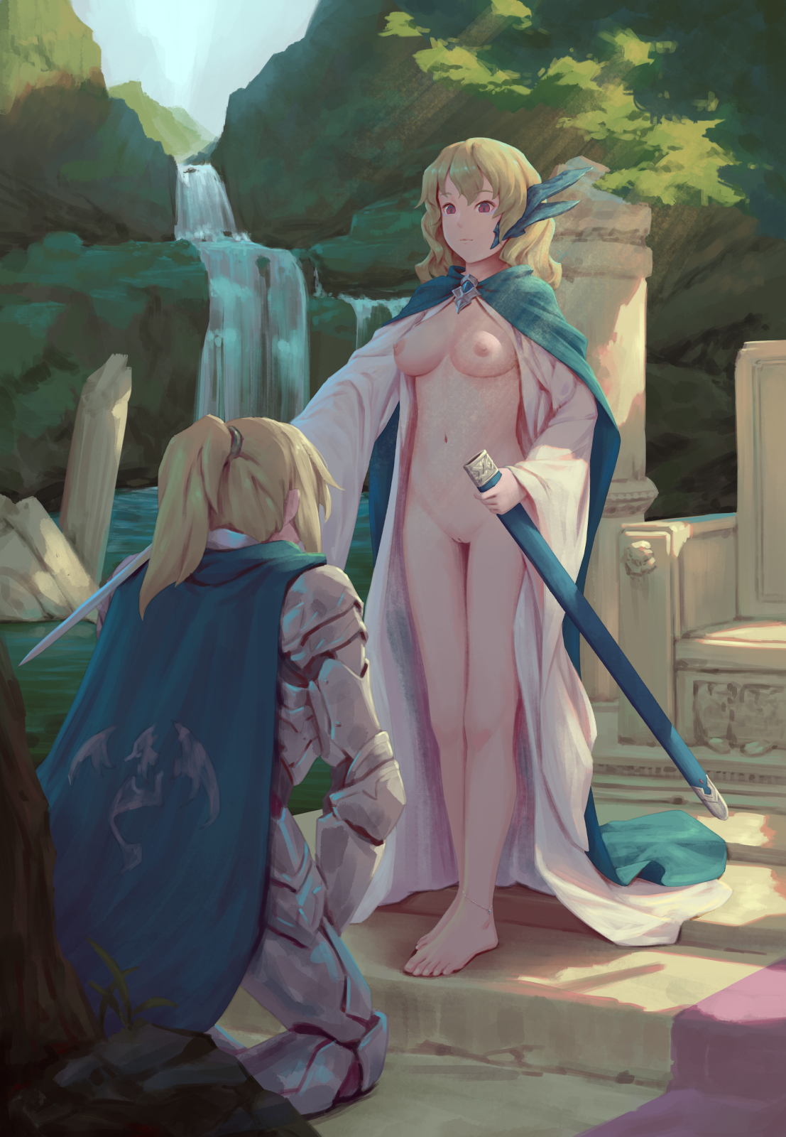 armor, bigrbear, blonde hair, breasts, detailed background, female, knight, long hair, medium breasts, navel, nipples, nude, painting (artwork), pussy, red eyes, slim, slit pupils, uncensored