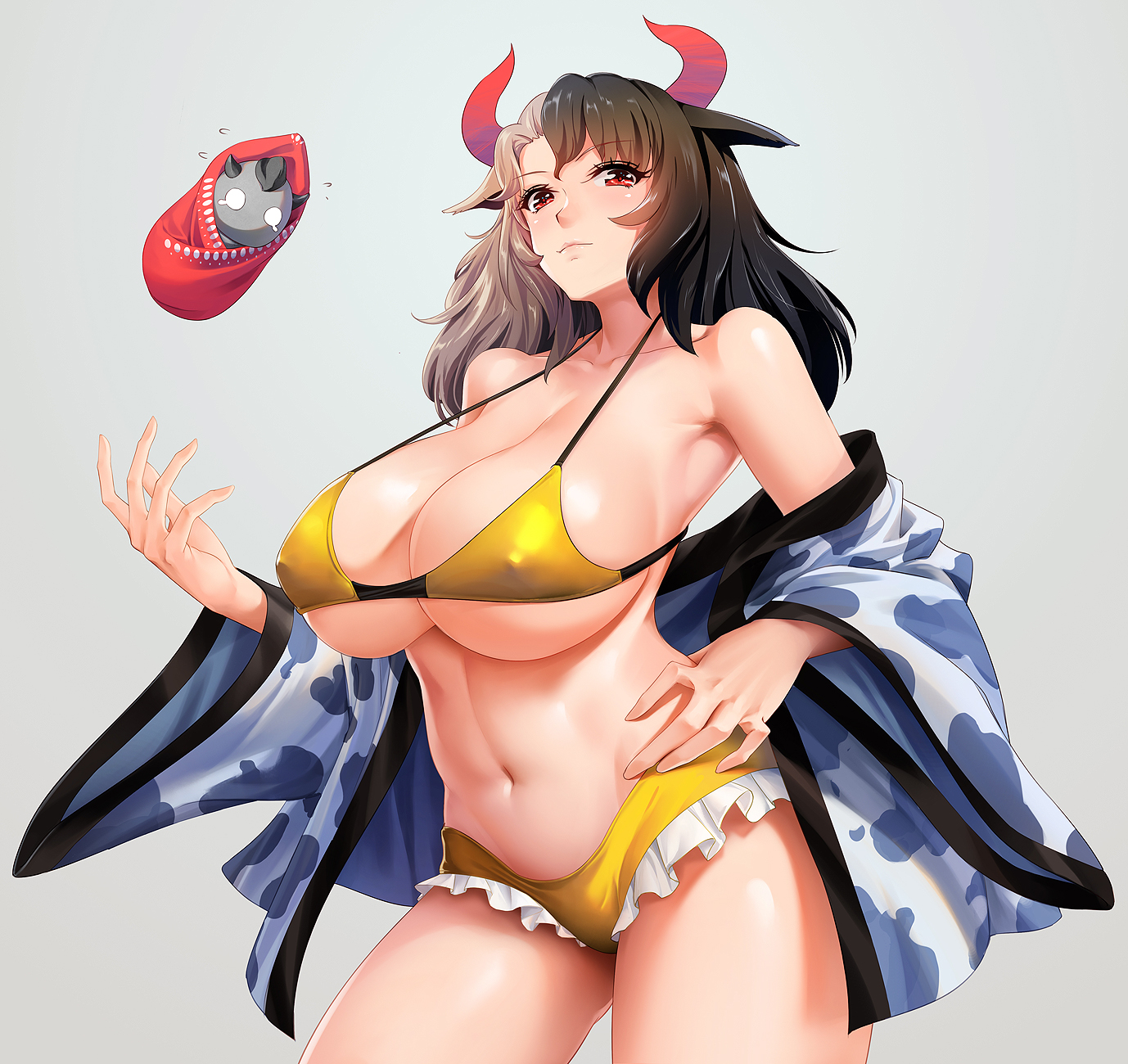 1girls, bikini, black hair, breasts, cow girl, female, grey background, grey hair, haori, horns, huge breasts, navel, nipple bulge, obaoba (monkeyix), off shoulder, red eyes, solo, solo female, touhou, two-tone hair, urumi ushizaki, wily beast and weakest creature