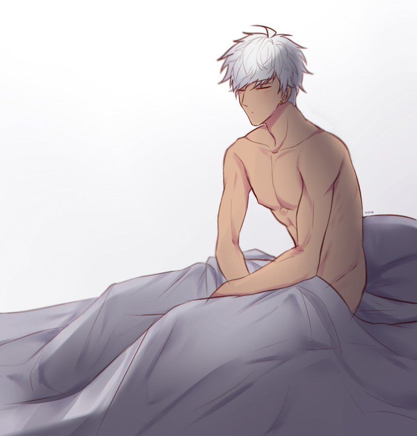 1boy, bed, bedroom, male, male only, mammon (obey me), nude, obey me! one master to rule them all, shirtless, sleepy, tagme, tired