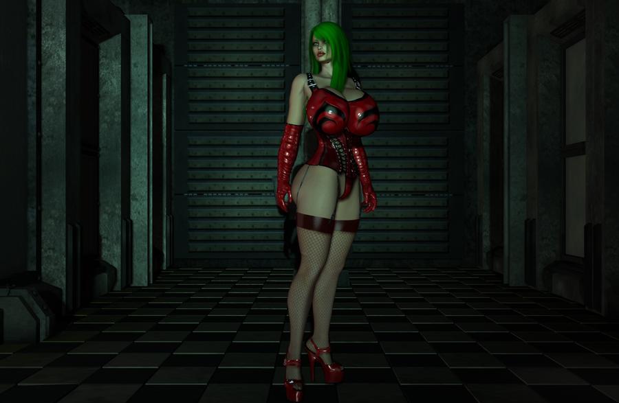 big_ass big_breasts corset elbow_gloves female_only fishnet_stockings garter_belt green_hair heels looking_over_shoulder oc tagme ylandra ylandrax