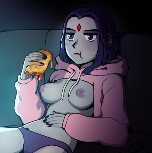 1girls bored breastless_clothes cameltoe casual casual_nudity clothing dc dc_comics eating female food forehead_jewel grey_skin hoodie hot_pocket human medium_breasts nail_polish nipples on_couch pale_skin panties purple_eyes purple_hair rachel_roth raven_(dc) relatable solo solo_female teen_titans vanilly watching_tv