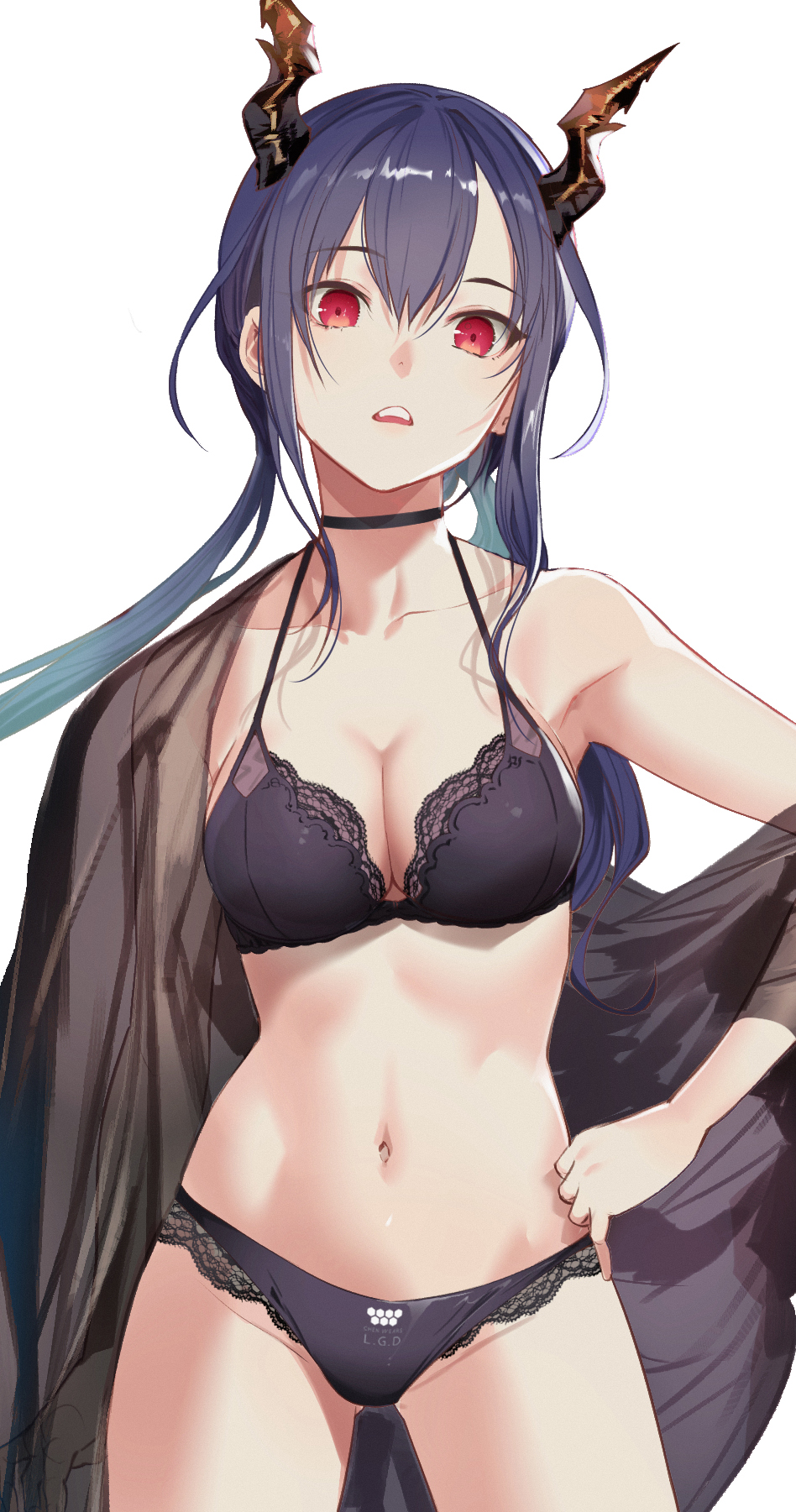 annoyed, arknights, big breasts, black bra, black panties, black underwear, blue hair, bra, breasts, ch'en (arknights), collarbone, female, hand on hip, horns, lace-trimmed bra, lace-trimmed panties, legs, long hair, looking at viewer, looking down, medium breasts, navel, open mouth, panties, red eyes, salmon88, see-through, solo female, tagme, underwear