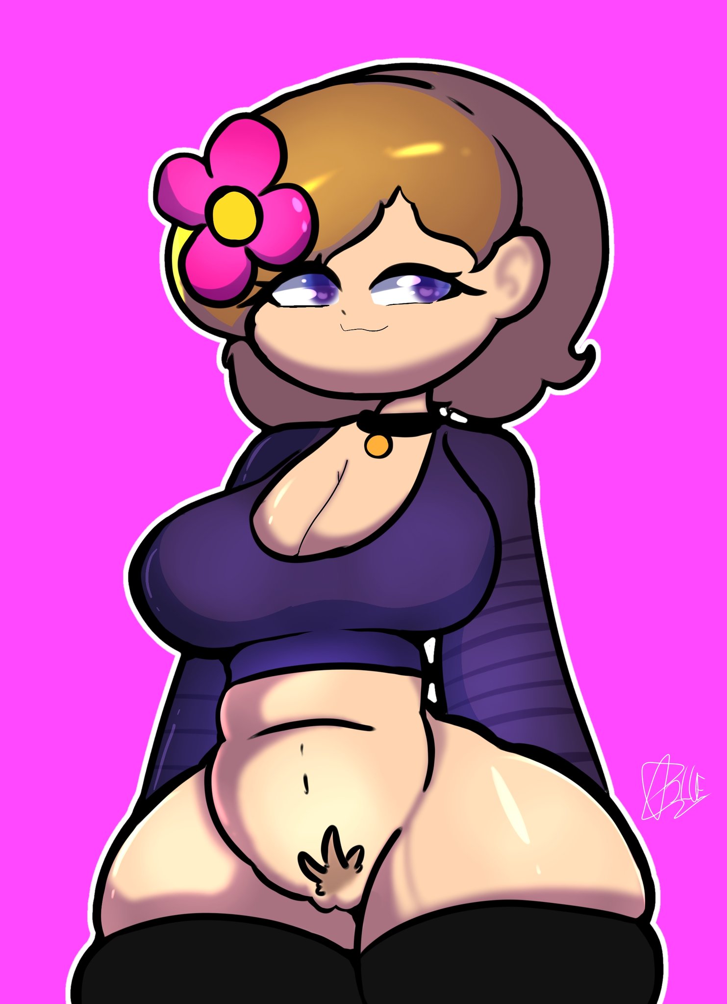 1girls, blue eyes, bluestarbunbun, bottomless, breasts, brown hair, collar, female, flower in hair, horny female, jenny belle (slipperyt), large breasts, long sleeves, minecraft, pubic hair, pussy, skindentation, solo, solo focus, stockings, tagme, tight shirt, wide hips