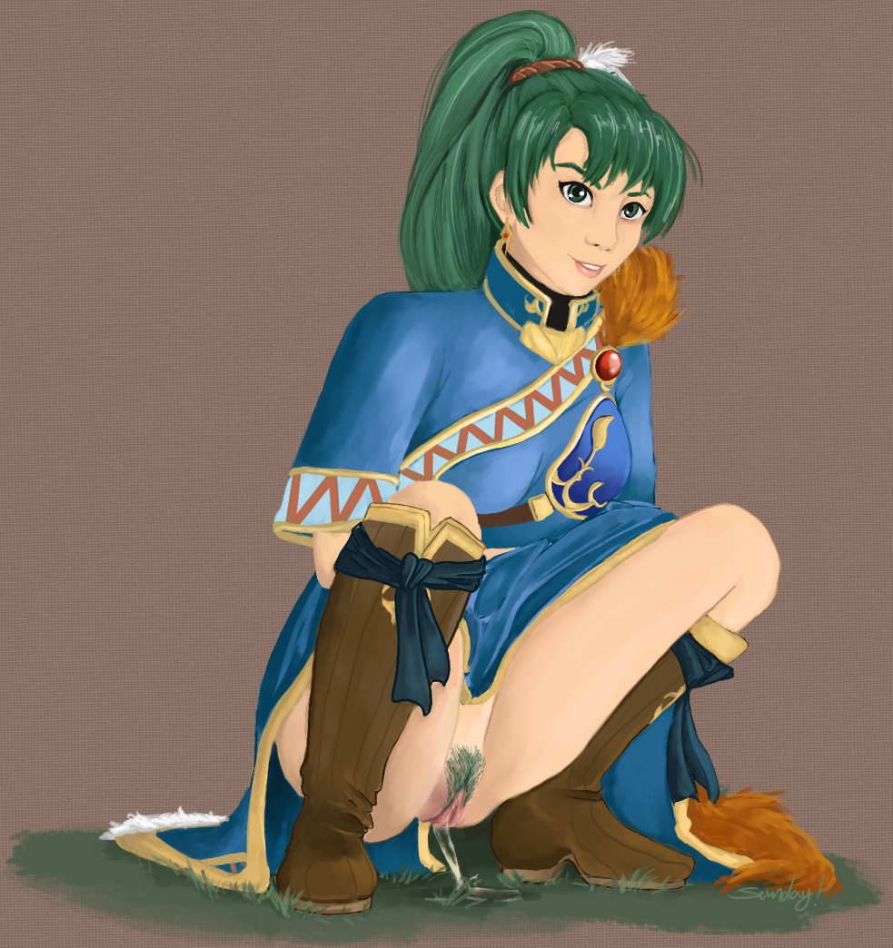 boots bright_hair fire_emblem fire_emblem:_the_blazing_blade fire_emblem_heroes green_hair lyn_(fire_emblem) lyndis_(fire_emblem) pee_squat_outdoors peeing pubes pubes_exposed pussy spread_legs squat squatting sunday sundaynoches urine