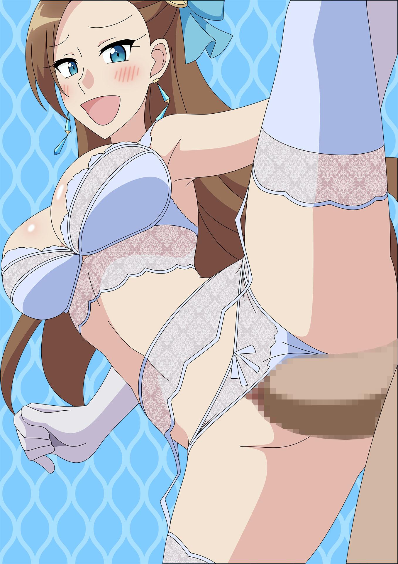 1boy, 1girls, atelier gons, big breasts, blue bra, blue eyes, blue stockings, blush, bra, breasts, brown hair, censored, dark penis, dark-skinned male, ear, earrings, female, gloves, hair ornament, handwear, highres, katarina claes, large breasts, long hair, male, mosaic censoring, open mouth, open smile, otome game no hametsu flag shika nai akuyaku reijou ni tensei shite shimatta, panties, partial male, penis, pussy, sex, smile, spread legs, standing, standing sex, stockings, straight, vaginal penetration