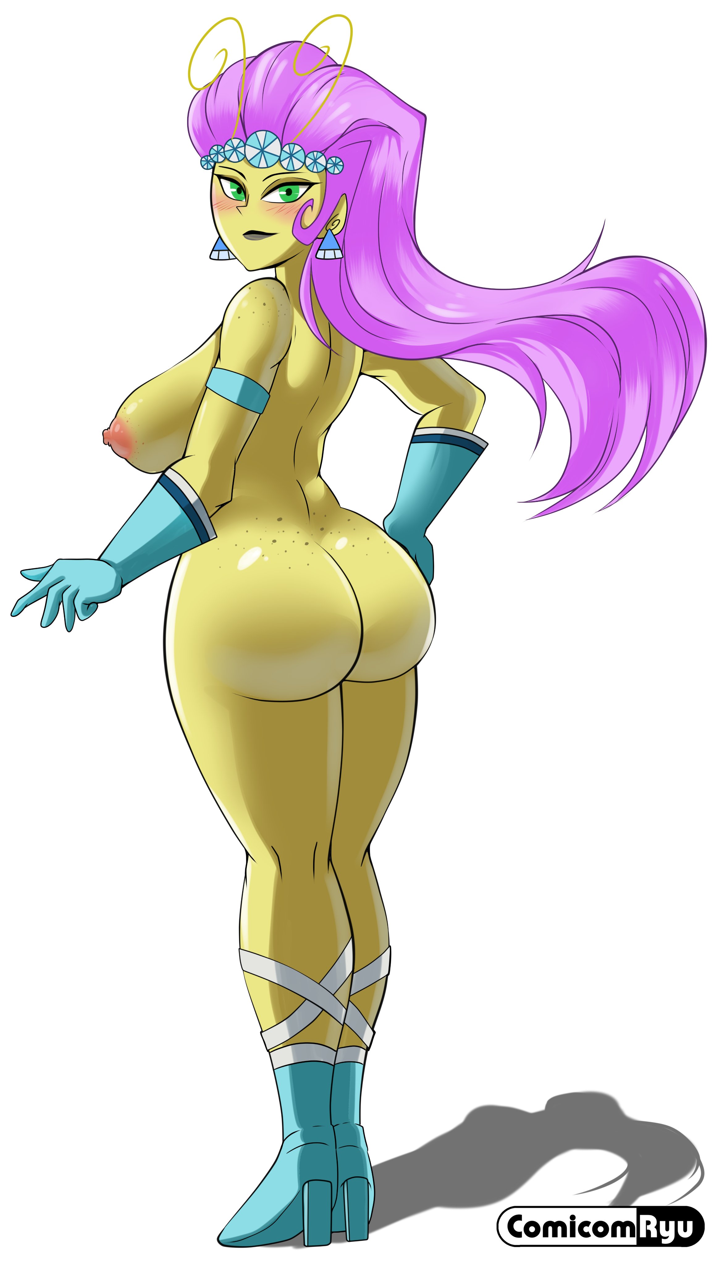 1girls, 5 fingers, antennae, areolae, ass, ass focus, ass freckles, back view, big ass, big breasts, black lipstick, blush, breasts, comicomryu, earrings, female, female only, freckles, freckles on ass, gloves, green eyes, heels, lipstick, long hair, looking at viewer, looking back, nickelodeon, nipples, no bra, no panties, nude, pointy ears, princess mandie, purple hair, ryumxr, sideboob, simple background, solo, solo female, source request, tagme, the fairly oddparents, white background, yellow skin