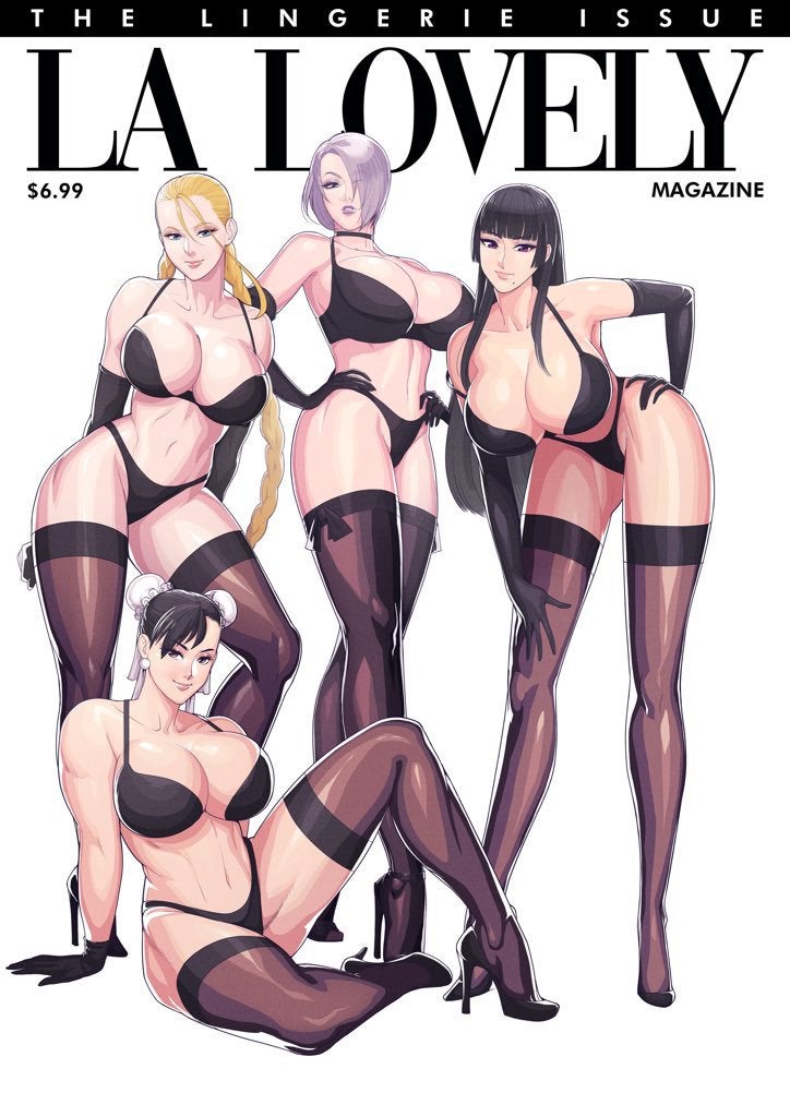 4girls bedroom_eyes bending_over big_breasts black_bra black_gloves black_hair black_lingerie black_panties black_stockings black_thong blonde_hair bra breasts cammy_white capcom choker chun-li cleavage crossover dead_or_alive deep_cleavage elbow_gloves female female_focus female_only fit fit_female freeglass full_cleavage gloves hand_on_ass hand_on_hip headwear high_heels hourglass_figure huge_breasts isabella_valentine large_breasts legwear lingerie lipstick long_hair looking_at_viewer multiple_girls namco nyotengu panties pose posing purple_hair seductive shiny shiny_hair shiny_skin short_hair smile smiling smiling_at_viewer soul_calibur spread_legs standing stockings street_fighter tecmo text thong very_high_heels white_background