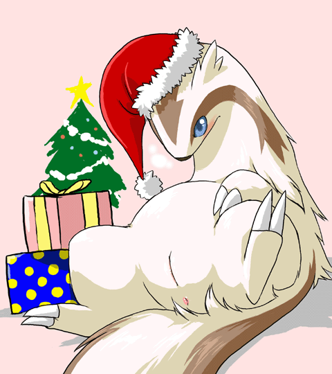 anus beige_fur black_nose blue_eyes blush brown_fur christmas christmas_tree claws color female female_only fur furry_tail gift hat linoone looking_at_viewer nintendo nude open_eyes pokemon pussy santa_hat sitting solo tail tree vulva wkar