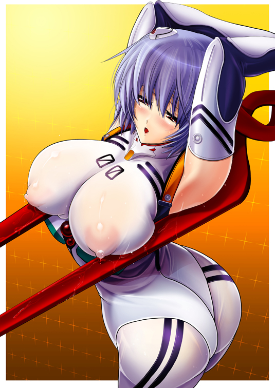 1girls :d arched_back areola areolae armpits arms_behind_head arms_up ass bangs blue_hair blush bodysuit breast_press breasts clothing curvy elbow_gloves erect_nipples erect_nipples_under_clothes female female_only gem gloves gradient hair hair_ornament huge_ass huge_breasts human kawaraya kawaraya_a-ta lance_of_longinus large_breasts looking_away naughty_face neon_genesis_evangelion nipples open_mouth pale-skinned_female pale_skin pilot_suit plugsuit puffy_nipples red_eyes rei_ayanami see-through see-through_clothing short_hair skin_tight smile solo weapon wet wet_clothes