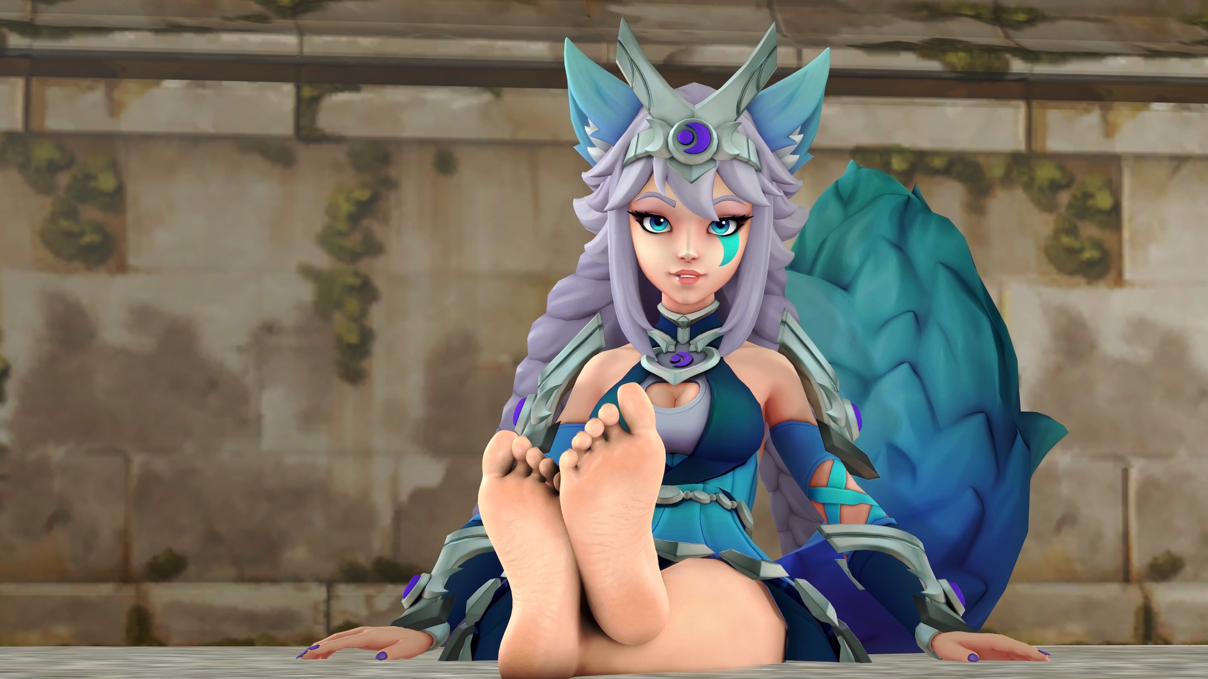 1girls, 3d, barefoot, blue eyes, breasts, clothed, clothed female, feet, female, female only, fox ears, fox tail, io (paladins), large breasts, looking at viewer, paladins, pov feet, silver hair, solo, steps3d