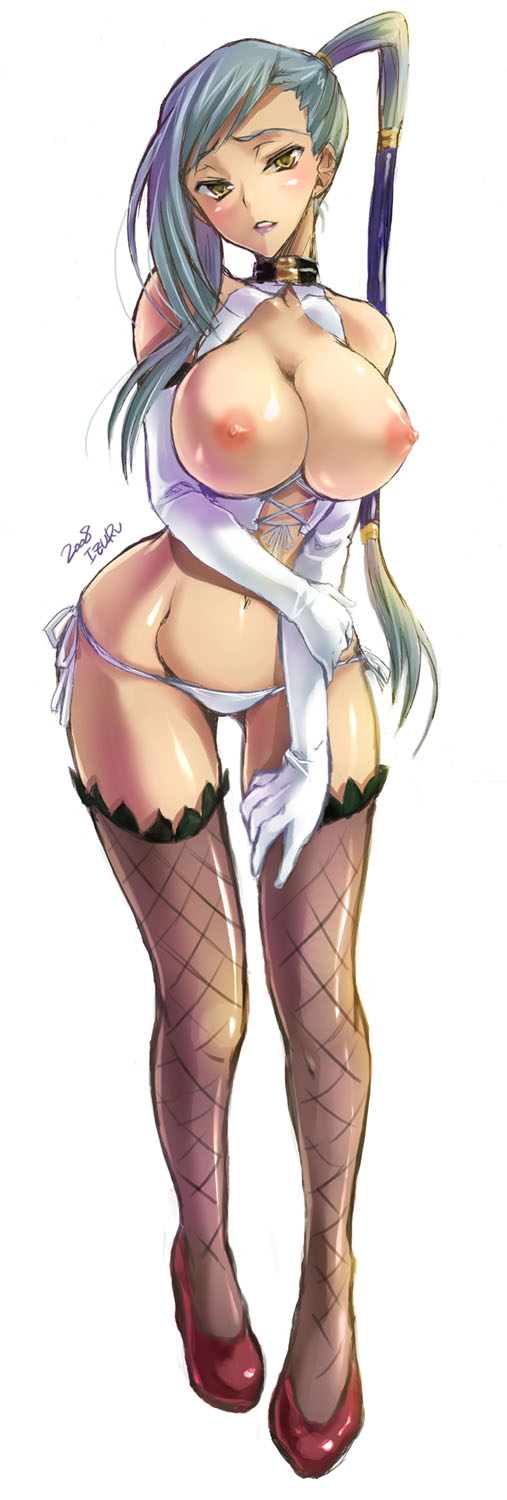 bikini blue_eyes blue_hair breasts cleavage code_geass corset dark_skin elbow_gloves fishnet_legwear fishnet_stockings fishnets gloves high_heels highres large_breasts lingerie nekou_izuru panties ponytail shoes side-tie_panties swimsuit thighhighs tied_hair topless underwear villetta_nu white_panties