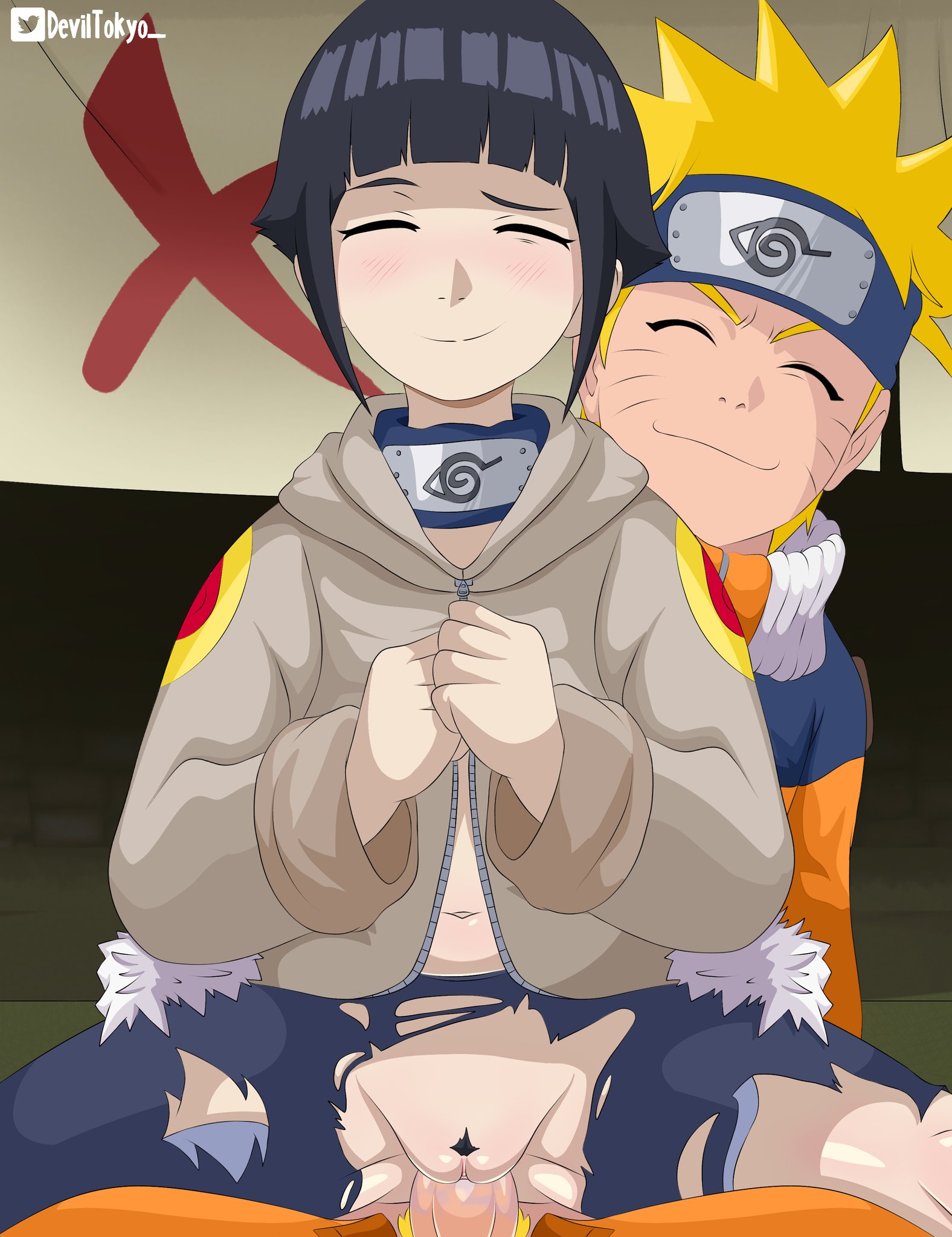 1boy, 1girls, belly, black hair, blonde hair, blush, closed eyes, deviltokyo, female, hyuuga hinata, hyuuga hinata (genin), male, male/female, naruto, naruto (classic), naruto (series), nervous smile, no panties, pubic hair, pussy, sex, short hair, sitting on lap, stealth sex, torn clothes, torn pantyhose, uzumaki naruto, vaginal penetration, young