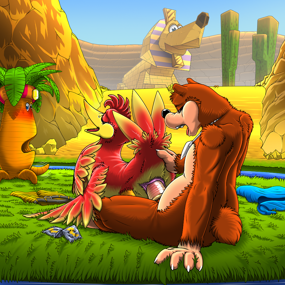 1boy 1girls 2014 anthro avian backpack banjo-kazooie banjo_(banjo-kazooie) beak bear belt bird blush body_fur breegull brown_fur cactus canine cloaca closed_eyes clothing condom condom_wrapper desert duo erection exhibitionism feathers female furry gem grass jinxy_(banjo-kazooie) kazooie kitsune_youkai male mammal moan mountain necklace oasis on_top open_mouth outside penis penis_in_vagina public pussy rareware reverse_cowgirl_position root sand sex shorts sitting smooth_penis sphinx straight toony tree trunker turban vaginal_penetration video_games water wings