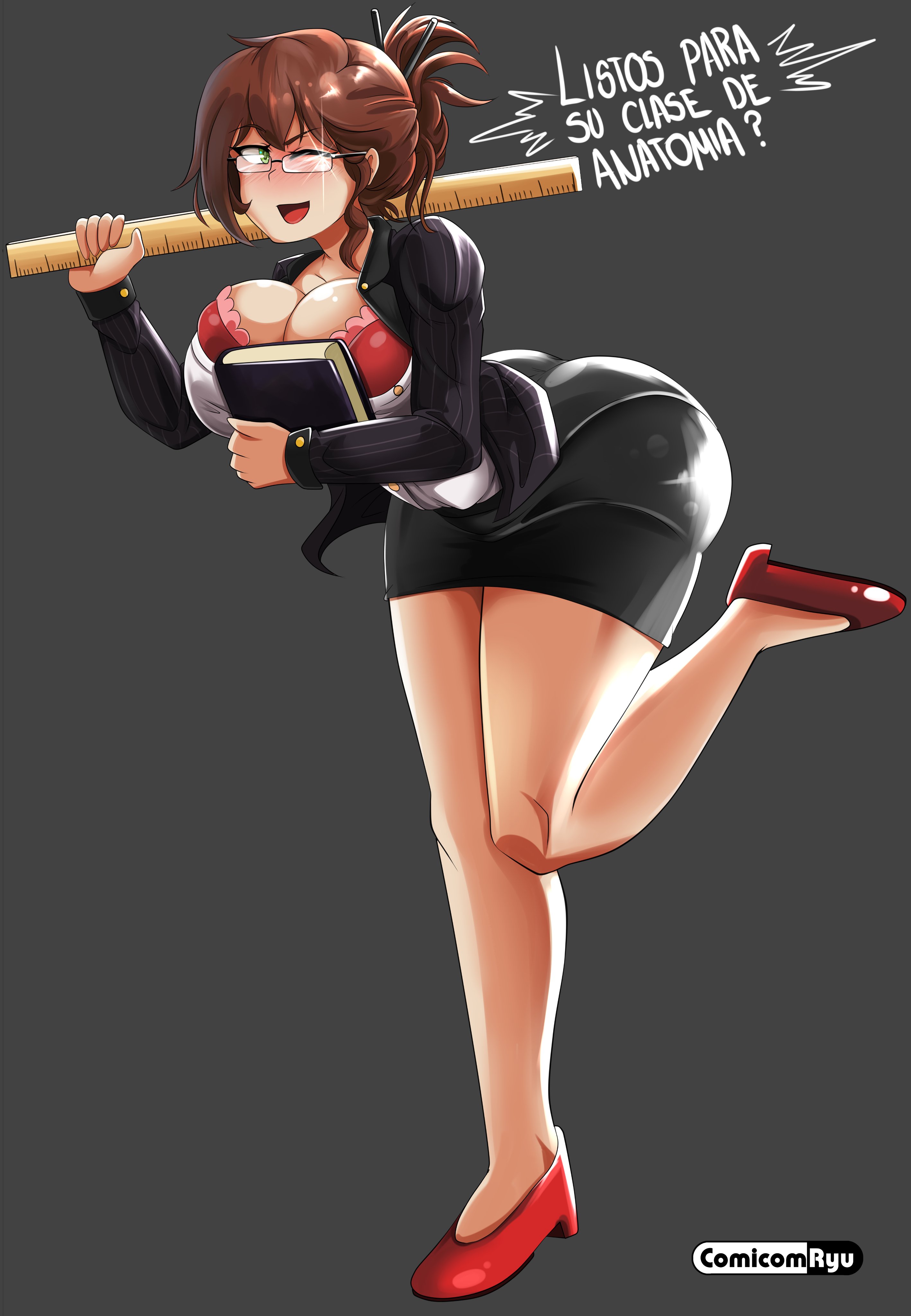 1girls, ass, big ass, big breasts, bra, breasts, brown hair, cleavage, clothed, comicomryu, delicia (comicomryu), female, female only, glasses, green eyes, happy, large breasts, long hair, looking at viewer, one eye closed, one leg up, ruler, ryumxr, skirt, smile, solo, solo female, teacher, thick thighs, tied hair, wink