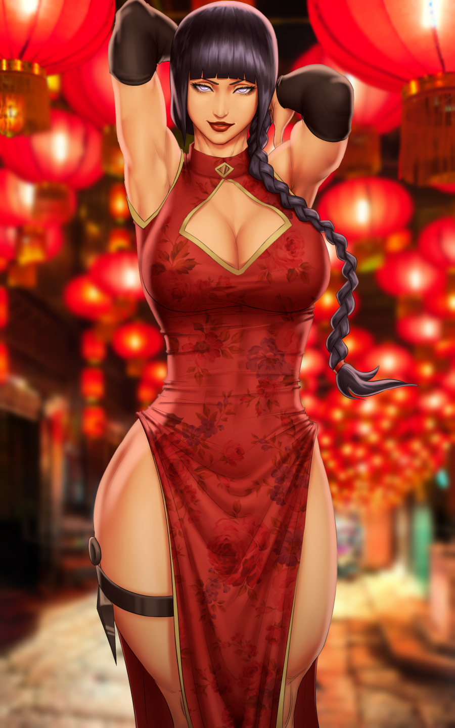 1girls, alternate costume, alternate hairstyle, armpits, arms behind head, arms up, big breasts, braid, braided ponytail, breasts, china dress, chinese clothes, cleavage, cleavage cutout, commission, curvy, curvy figure, cutout, detached sleeves, dress, female, female only, hyuuga hinata, hyuuga hinata (naruto: road to ninja), kunai, large breasts, lipstick, long hair, makeup, n6023, naruto, naruto (series), naruto shippuden, naruto: road to ninja, no bra, no panties, no underwear, pinup, posing, purple hair, revealing clothes, seductive, seductive look, solo, violet eyes, wide hips