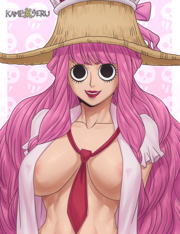 1girls, areolae, big breasts, black eyes, breasts, busty, clothed, clothing, erect nipples, erect nipples under clothes, female, female only, hat, headwear, kameseru, large areolae, large breasts, light skin, light-skinned female, lipstick, makeup, nipple bulge, nipples, no bra, one piece, open clothes, open shirt, pale skin, pale-skinned female, perona, pink hair, pink nipples, pink-haired female, red legwear, red lipstick, shirt, solo, tie