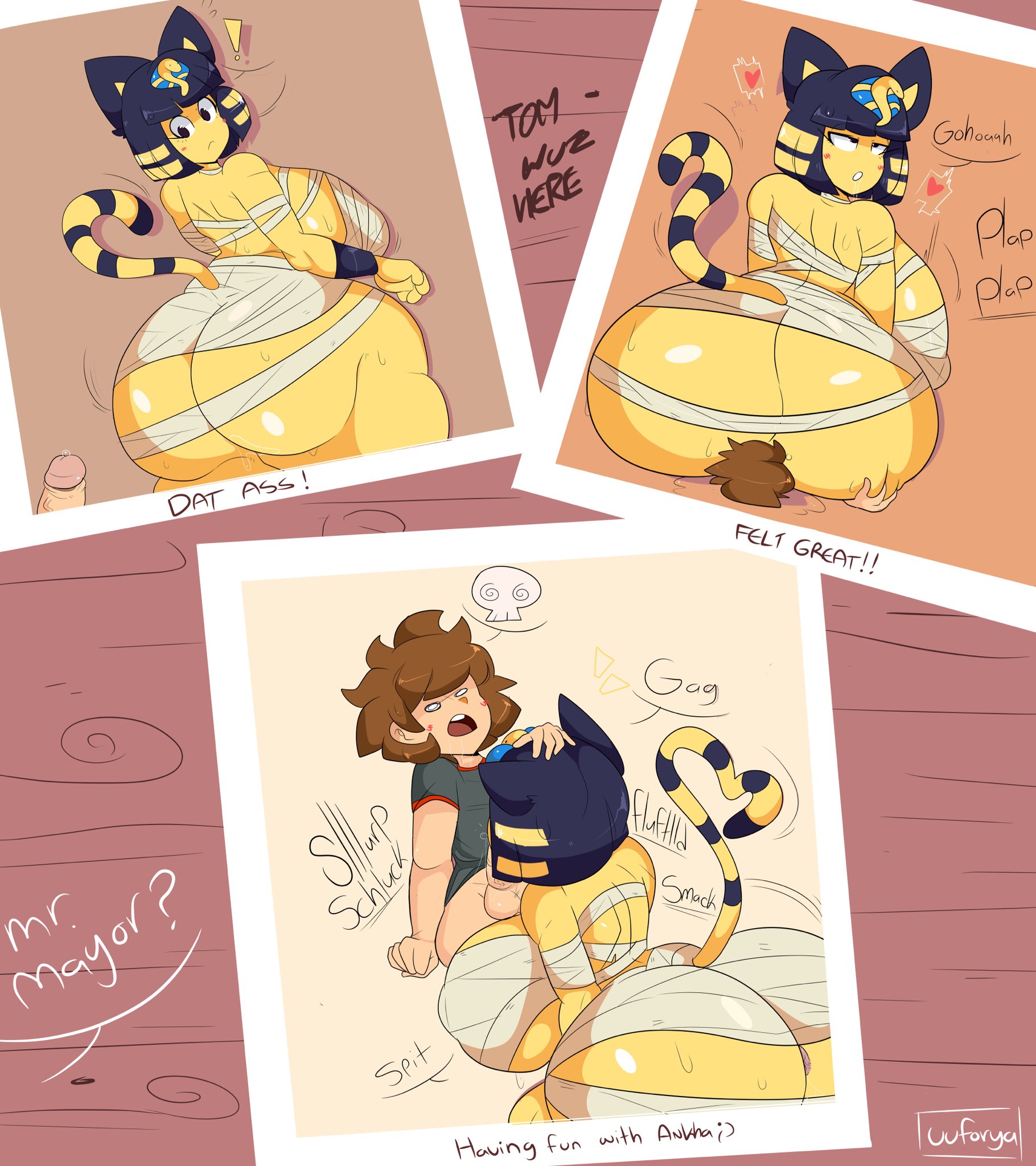 1boy, 1girls, 2020, animal crossing, ankha, anus, ass, balls, big ass, big breasts, big butt, big dom small sub, big thighs, blue hair, bob cut, breasts, dialogue, egyptian, facesitting, feline, fellatio, female, fringe, gagged speech, hetero, implied oral, male, medium hair, nintendo, oral, oral sex, penis, sex, straight, straight sex, uuforya, yellow fur