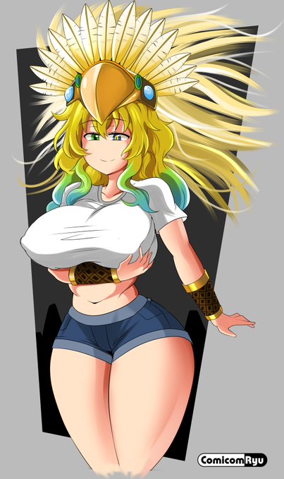 1girls, big breasts, breast grab, breasts, comicomryu, dragon maid, female, lucoa, miss kobayashi's dragon maid, quetzalcoatl (dragon maid), ryumxr, smile, yellow hair