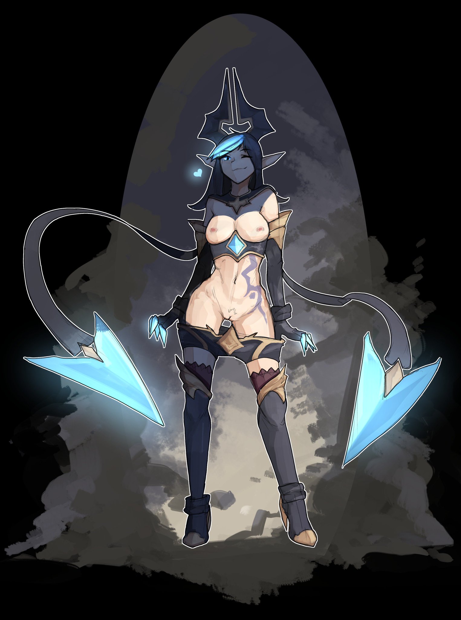 1girls, armwear, black hair, blue eyes, blue hair, breasts, claws, death sworn series, demon, demon girl, elf ears, evelynn, female, league of legends, legwear, medium breasts, mostly nude, nipples, panties around leg, pants down, pointy ears, pussy, shadow, shadow evelynn, shuuko, standing, tagme, tail, tattoo, vagina, wink