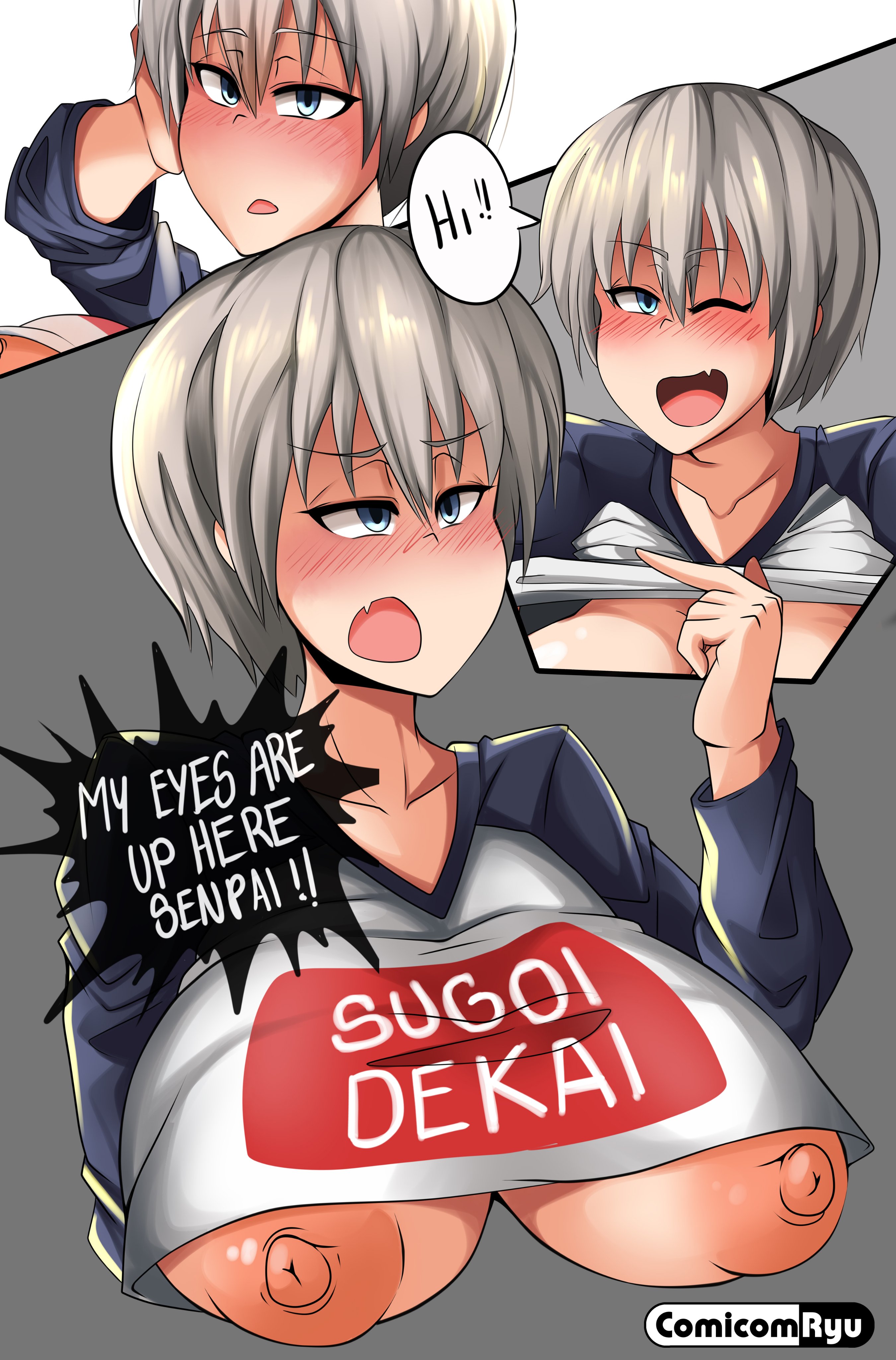 1girls, areola, big areola, big breasts, big nipples, blonde hair, blue eyes, breasts, breasts out, comicomryu, english, english commentary, english dialogue, english text, female, grey background, grey hair, happy, looking at viewer, nipples, no bra, open mouth, short hair, sugoi dekai, uzaki hana, uzaki-chan wa asobitai!, white hair