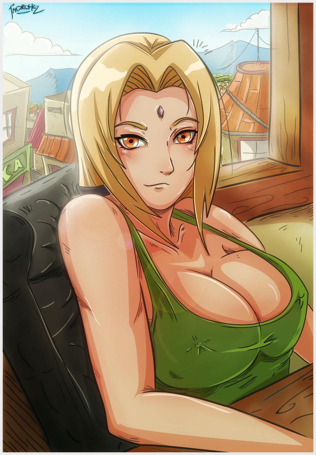 1female 1girls 1woman alternate_eye_color bangs bare_shoulders big_breasts black_chair blonde_hair blonde_hair_female breasts brown_eyes chair cleavage collarbone diamond_marking erect_nipples erect_nipples_under_clothes facial_mark female female_only forehead_mark green_tank_top hokage_office indrockz indy_riquez konoha konohagakure large_breasts naruto naruto_(classic) naruto_(series) naruto_shippuden no_bra orange_eyes sitting smile solo table tank_top tied_hair tsunade twintails window yellow_hair yellow_hair_female