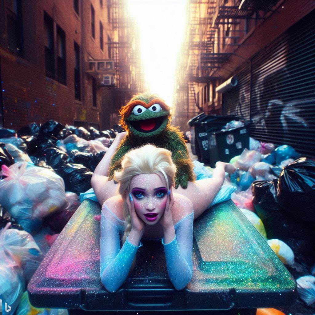 1girls ai_generated alley blonde_hair dall-e3 doggy_style elsa_(frozen) frozen_(film) garbage garbage_bags garbage_bin green_fur implied_sex light-skinned_female looking_at_viewer muppets oscar_the_grouch prone_bone puppet sesame_street tagme the_muppet_show trash trash_bag trash_can