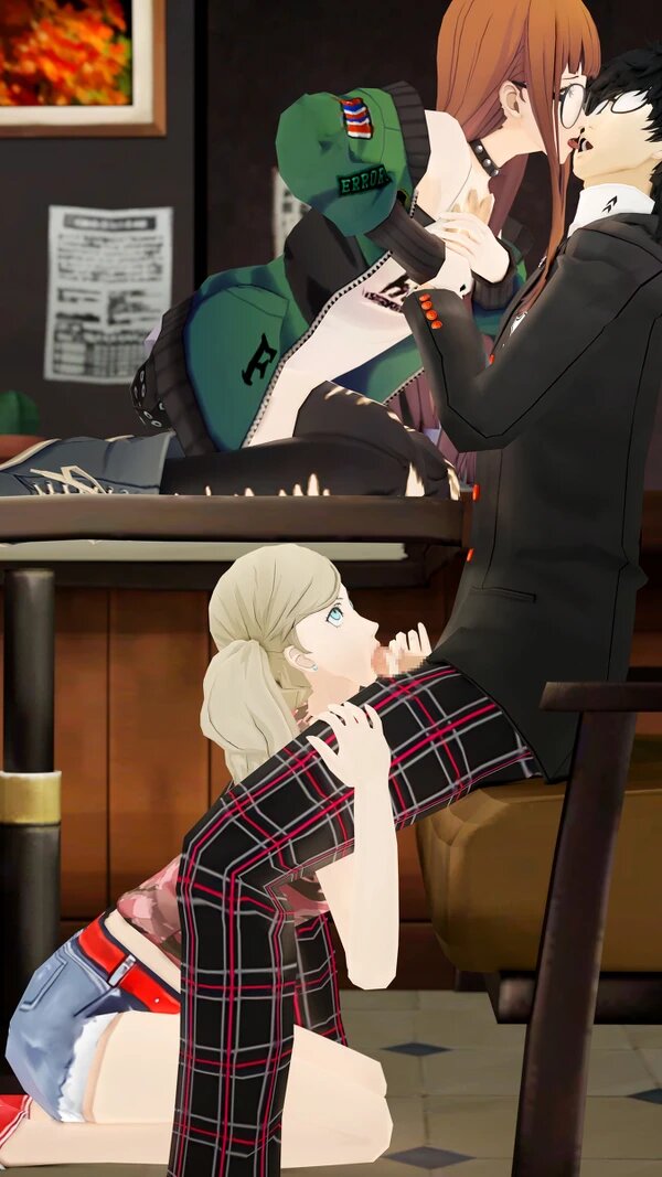 1boy, 2girls, 3d, akira kurusu, ann takamaki, blonde hair, blowjob, blue eyes, censored, clothed, clothing, egirl, eyelashes, fellatio, female, fully clothed, glasses, human, kissing, long hair, male, mosaic censoring, mostly clothed, open mouth, oral, pale skin, penis, penis out, persona, persona 5, sakura futaba, sex, side view, slim, table, threesome, twintails, under the table