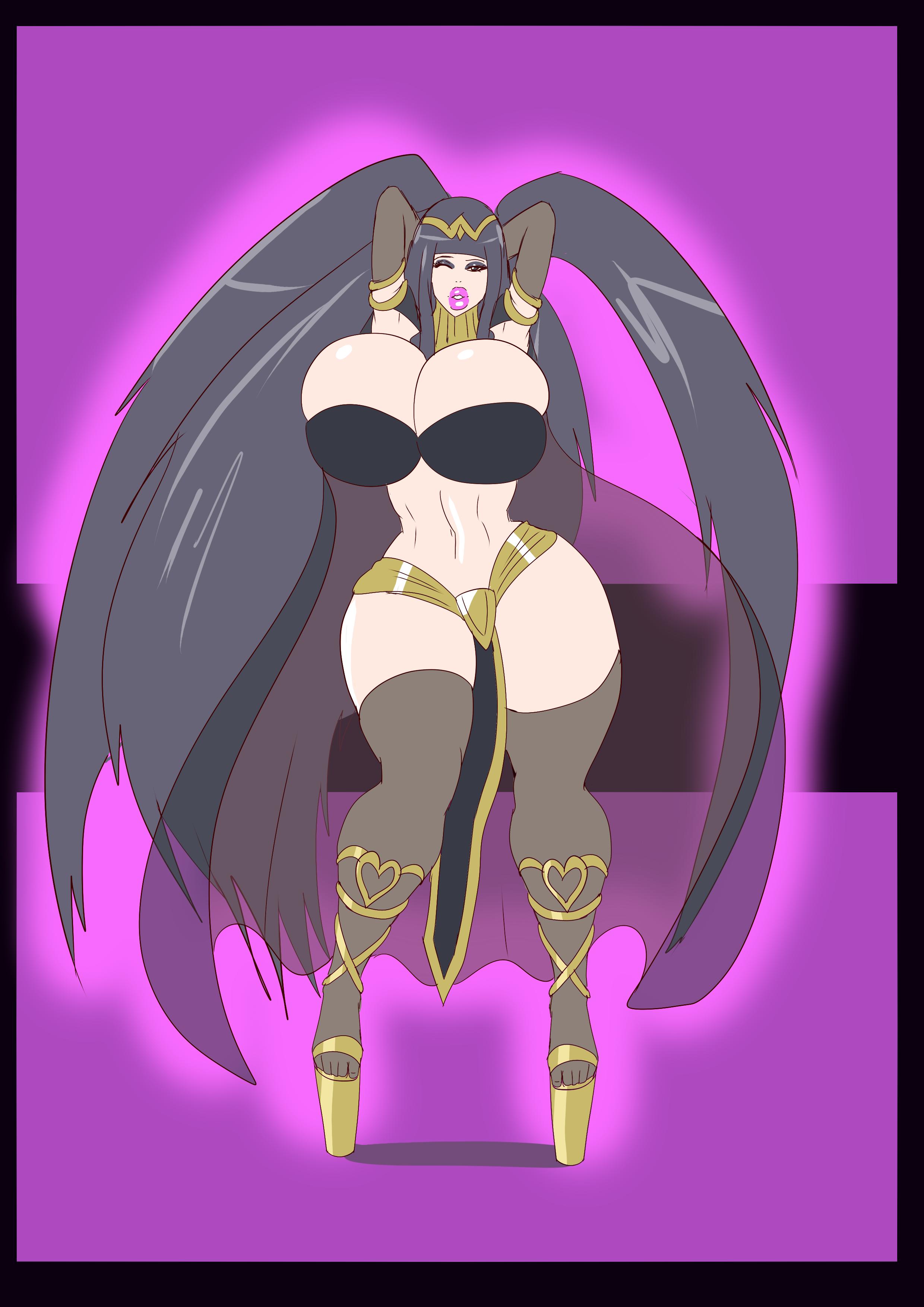 annon, arms behind head, big breasts, bimbo, bimbofication, black eyeshadow, black hair, brain drain, breasts, eyeshadow, female, fire emblem, fire emblem awakening, flaunting, goth, high heels, lipstick, makeup, nintendo, one eye closed, overflowing breasts, pink lipstick, stockings, tharja (fire emblem), thick thighs, toned, toned female, very long hair, wink