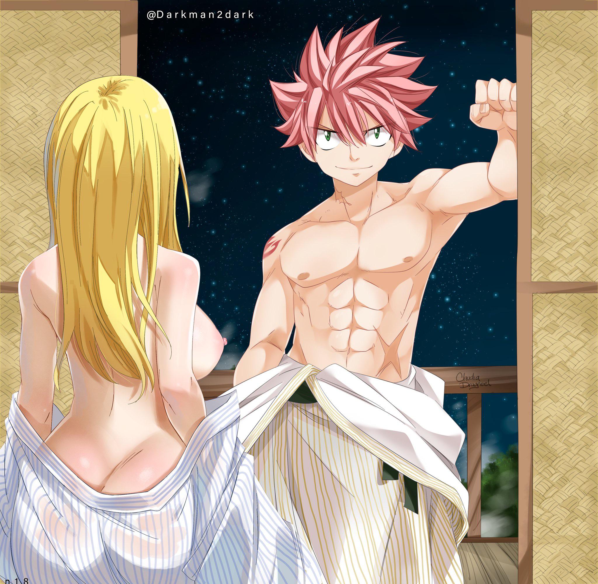 1boy, 1girls, abs, ass, ass cleavage, ass crack, back view, bathrobe, big ass, big breasts, black eyes, blonde hair, blonde-haired female, breasts, brown eyes, butt crack, casual exposure, casual nudity, couple, fairy tail, fairy tail mark, female, gaston18, happiness punch, long hair, lucy heartfilia, male, median furrow, muscular, muscular male, natsu dragneel, nipples, pink hair, pink-haired male, red tattoo, scar, shoulder tattoo, smile, tattoo, tattoo on shoulder, tattooed shoulder, waist