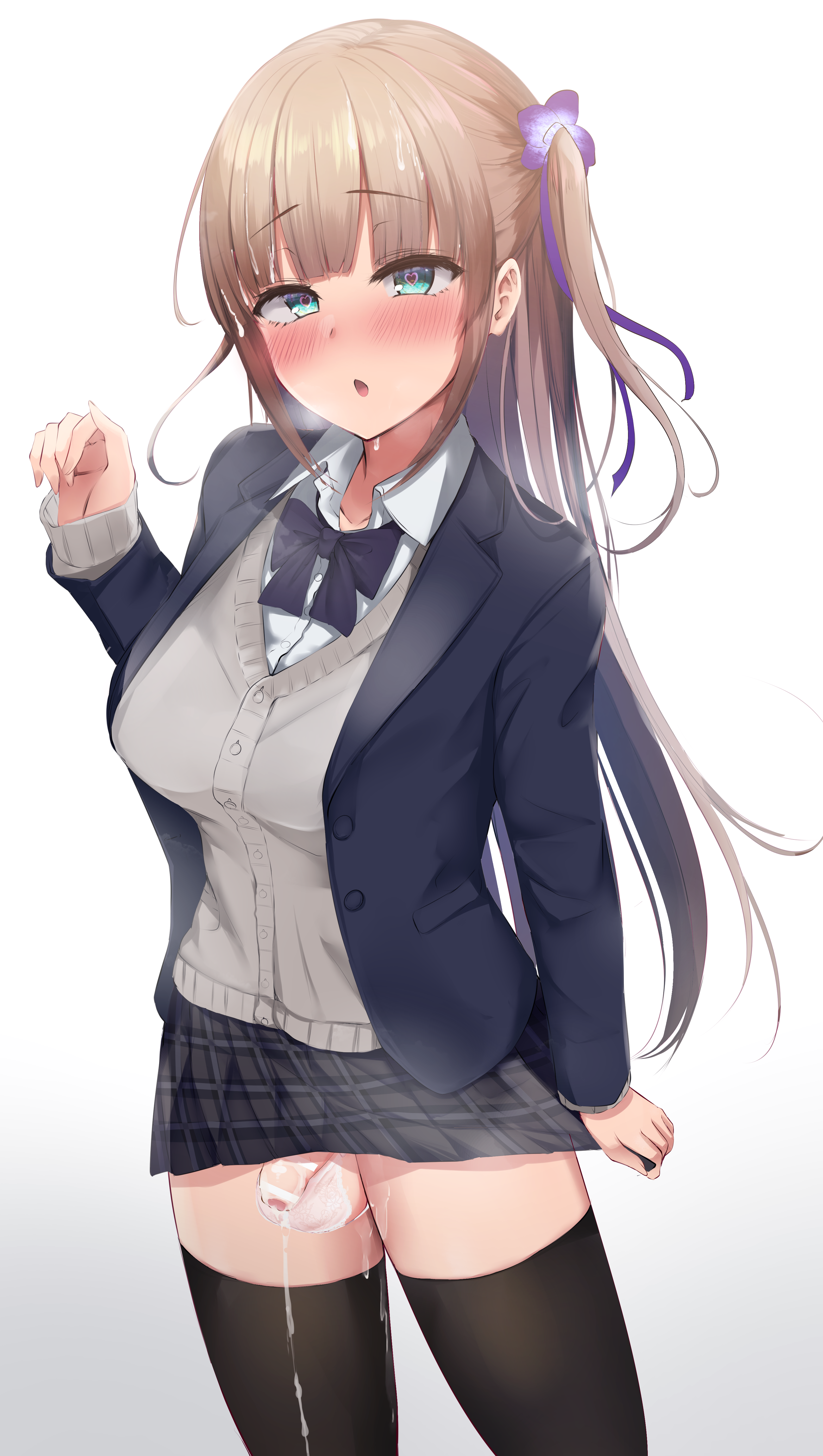 :o, 1futa, absurdres, akiamare, balls, balls bra, ballsack, bangs, bar censor, blazer, blue eyes, blue ribbon, blush, breasts, brown hair, cardigan, censored, collared shirt, cowboy shot, eyebrows visible through hair, flaccid, flaccid penis, foreskin, futa only, futanari, hair ribbon, highres, human, intersex, jacket, large breasts, long hair, miniskirt, one side up, original, partially retracted foreskin, penis, purple ribbon, retracted foreskin, ribbon, school uniform, scrotum, shirt, simple background, skirt, small penis, solo, solo futa, testicles, thighhighs, uncircumcised, uncut, white background, white shirt