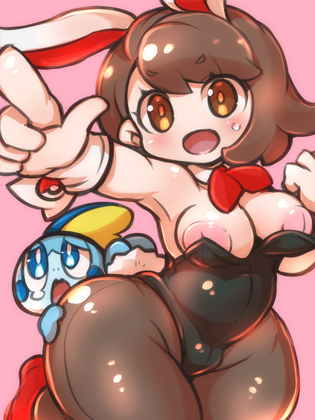1girls, areolae, big breasts, blush, breasts, brown eyes, brown hair, bunny ears, bunnysuit, cute, female, gloria (pokemon), leotard, nekoyuu, nintendo, nipples, pokemon, pokemon ss, sobble, sweat, thick thighs, thighs, wide hips