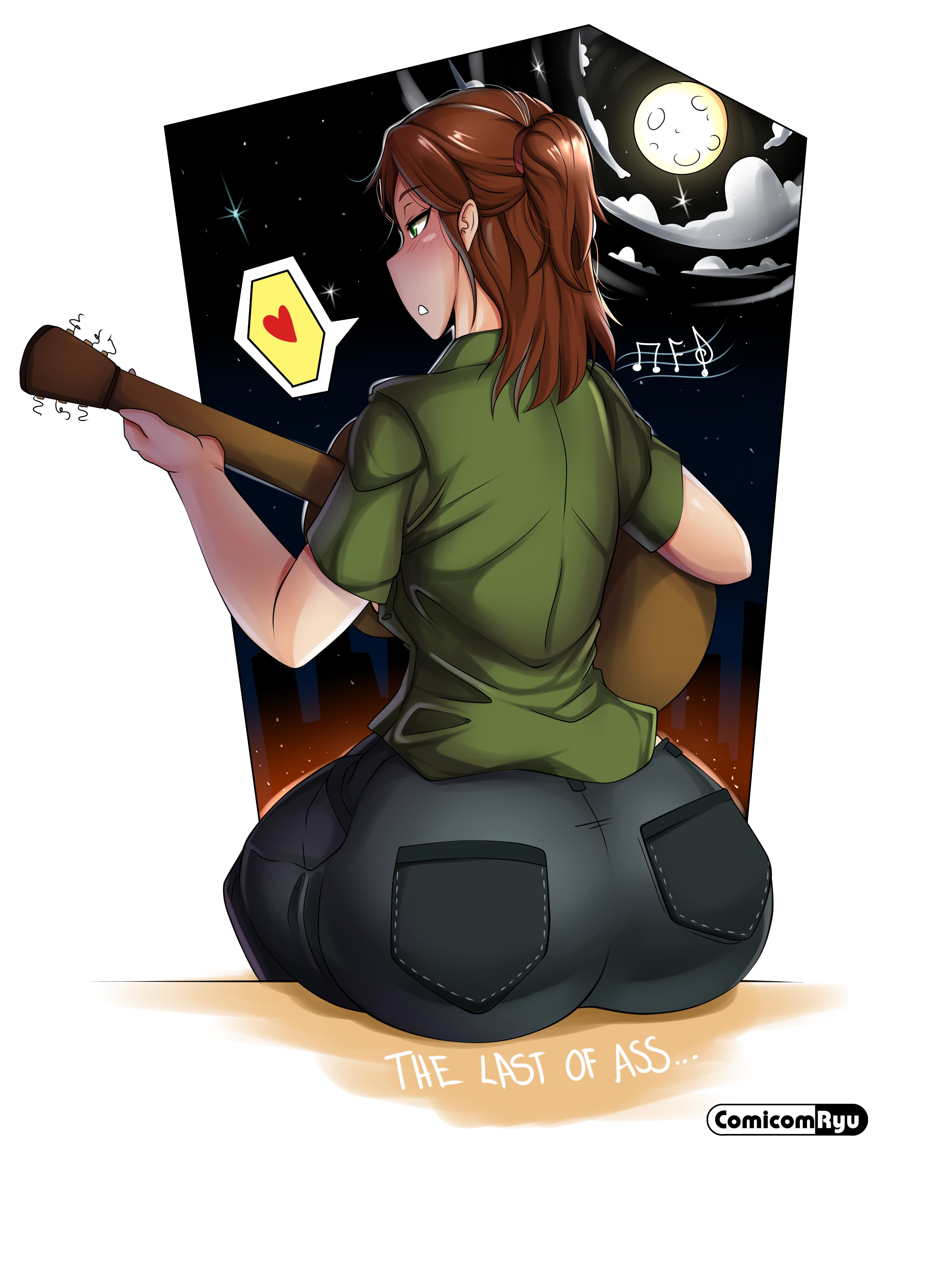 1girls, acoustic guitar, ass, back view, big ass, big butt, brown hair, clothed, comicomryu, ellie (the last of us), ellie williams, female, female only, focused, guitar, heart, huge ass, human, jeans, moon, musical instrument, naughty dog, night, pale skin, ryumxr, solo, solo female, the last of us, the last of us 2, tied hair