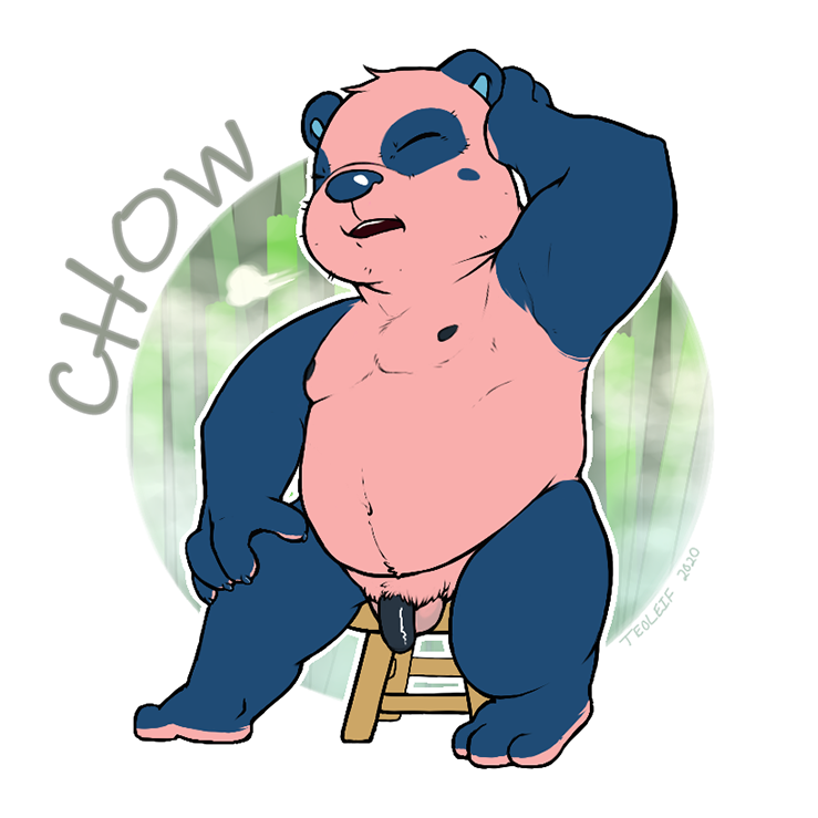 1:1 animal_crossing anthro balls belly chibi chow_(animal_crossing) flaccid fur furniture genitals giant_panda male male_only mammal navel nintendo nipples nude pecs penis pink_body pink_fur solo stool teoleif ursid video_games