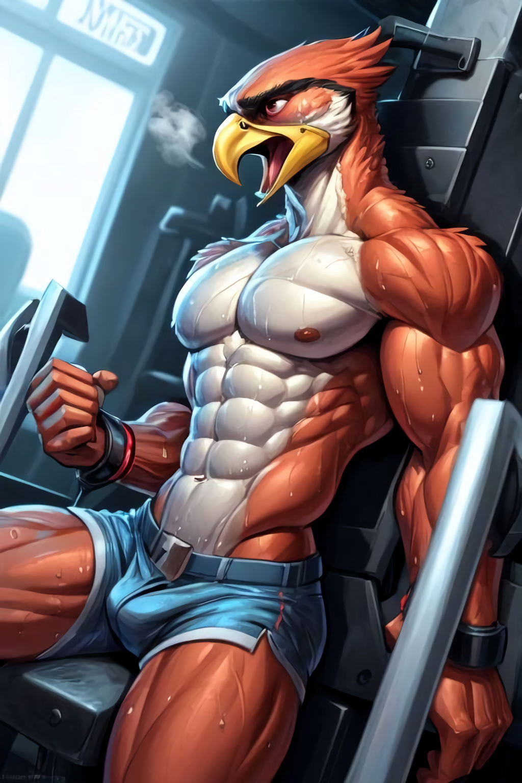 abs ai_generated anthro athletic avian beak biceps bird bodily_fluids bondage bondage bound cuff_(restraint) falcon falconid flek_(birdovo) growth laboratory male muscle_growth muscular muscular_anthro muscular_male pain pecs restraints screaming solo sweat sweating_profusely test_subject