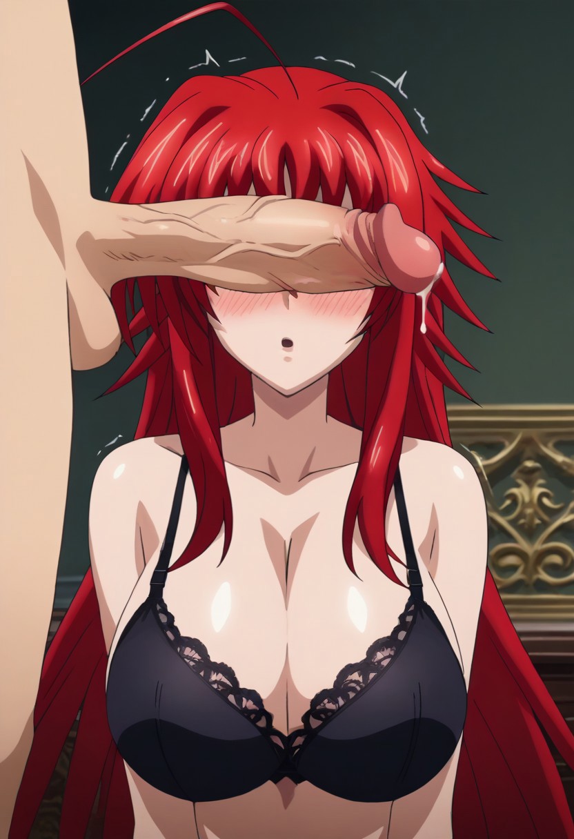 1boy, 1girls, ai generated, balls, big breasts, big penis, black bra, black panties, blush, bra, breasts, cleavage, cock, cock shock, female, gastkeser82, high school dxd, huge breasts, lace-trimmed bra, large breasts, long hair, male, panties, penis, penis awe, penis covering eyes, penis on face, red hair, rias gremory, testicles, vein, veins, veiny, veiny penis