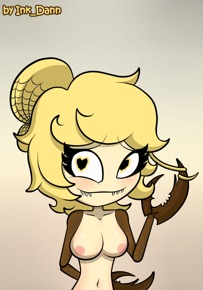 1girls animal_humanoid anthro arthropod big_breasts blonde_hair breasts cliffside cordie female happy ink_dann insect_humanoid insects looking_at_viewer monster_girl nude pincers profanity sharp_teeth smile solo solo_female spider_humanoid yellow_eyes