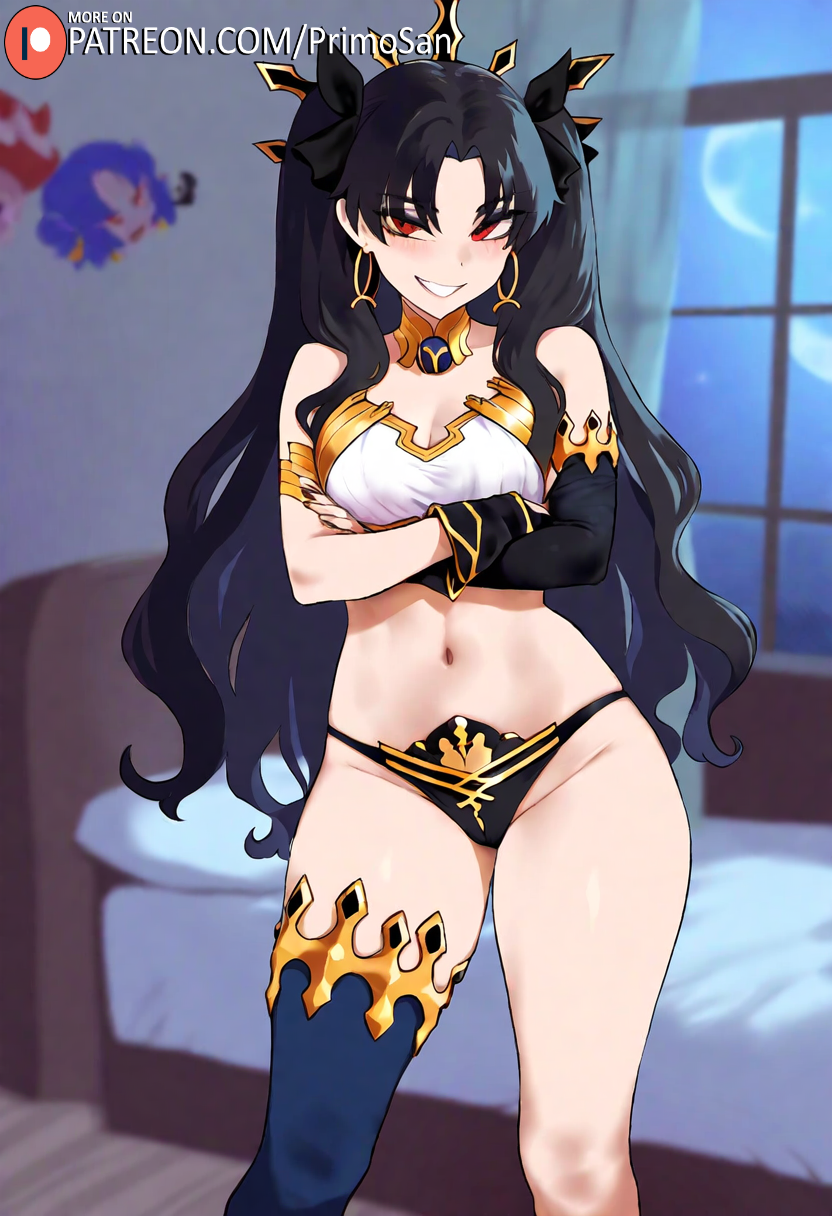 ai_generated black_hair crossed_arms earrings fate_(series) ishtar_(fate) jewelry long_hair looking_at_viewer panties primosan red_eyes revealing_clothes single_glove single_thighhigh smile standing twintails