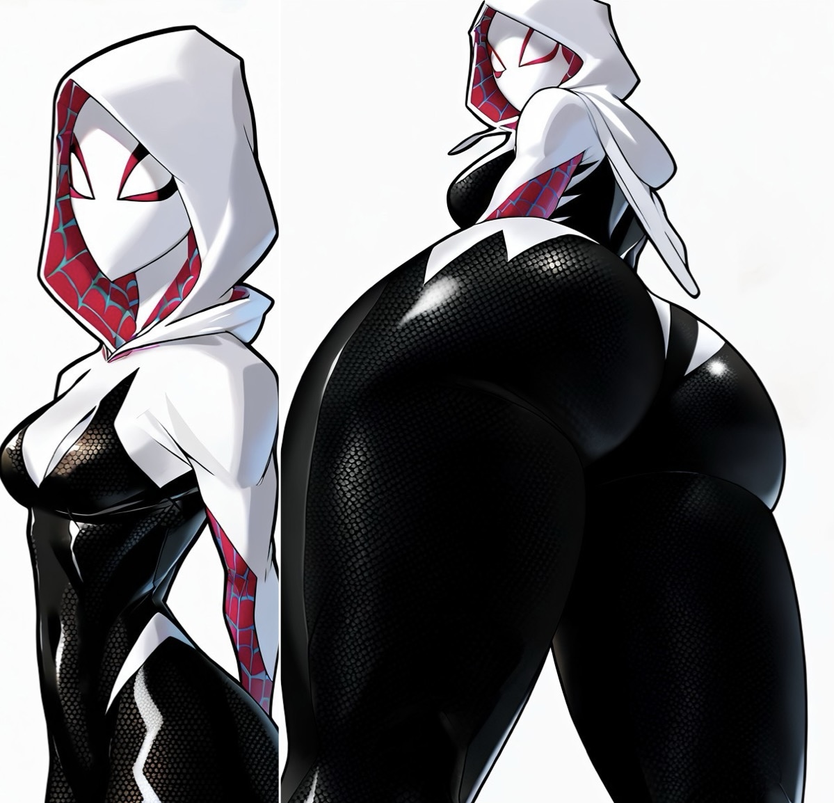 ai generated, alternate ass size, ass, ass focus, back view, bbw, cowboy shot, fat ass, female, female focus, female only, from behind, from below, front view, gwen stacy, huge ass, looking back, looking down, low-angle view, marvel, marvel comics, plump ass, simple background, spider-gwen, spider-man: across the spider-verse, superheroine, thick thighs, unartist