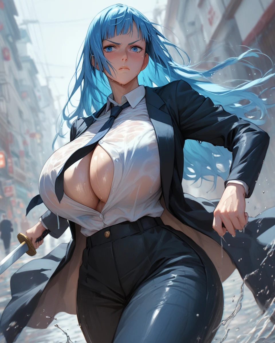 1girls ai_generated alternate_breast_size bare_legs blue_eyes blue_hair female female_only ganggang gigantic_breasts huge_breasts huge_thighs jujutsu_kaisen kasumi_miwa light-skinned_female light_skin long_hair massive_breasts pawg shounen_jump solo squatting suit_and_tie sweat sweatdrop sword thick_body thick_female thick_thighs thighs voluptuous voluptuous_female