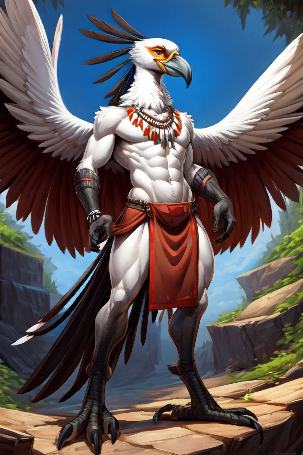 africa ai_generated anthro athletic athletic_anthro athletic_male avian beak bird bird_feet bottomwear clothing feathers jewelry loincloth male necklace secretary_birdabs solo tail_feathers tribal tribal_jewelry tribal_necklace wings