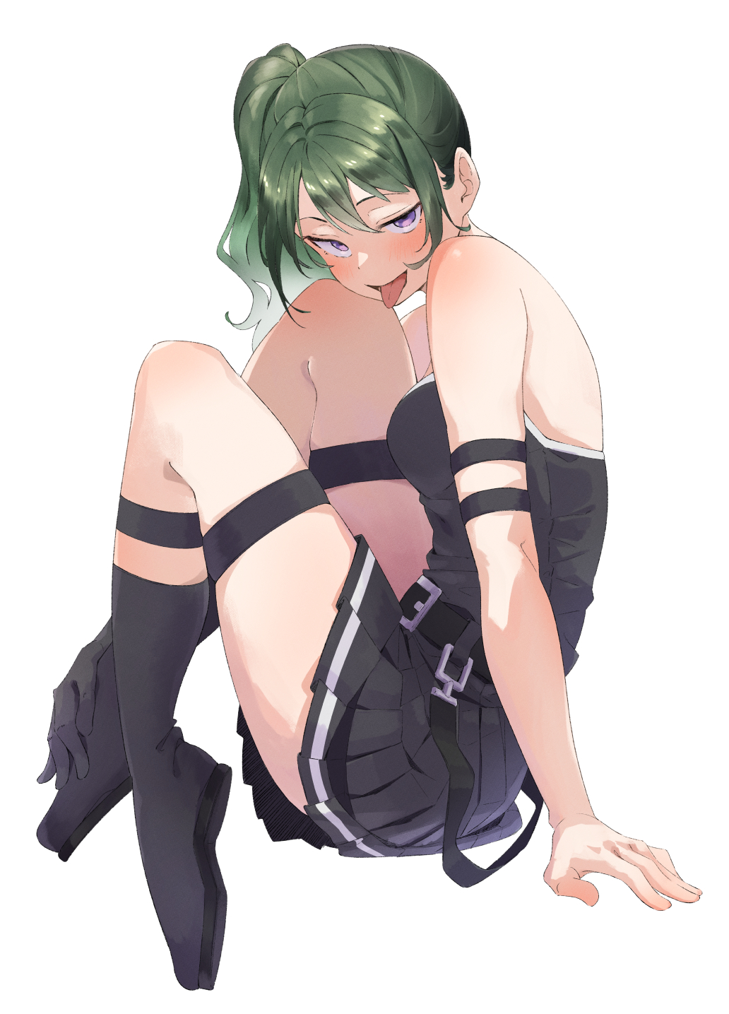 aroused, bare legs, bare shoulders, belt, blush, boots, breasts, eito12, female, frieren beyond journey's end, green hair, looking at viewer, looking pleasured, purple eyes, side view, sitting, skirt, slim waist, sousou no frieren, teenager, thick thighs, thigh strap, tied hair, turned on, ubel (sousou no frieren)