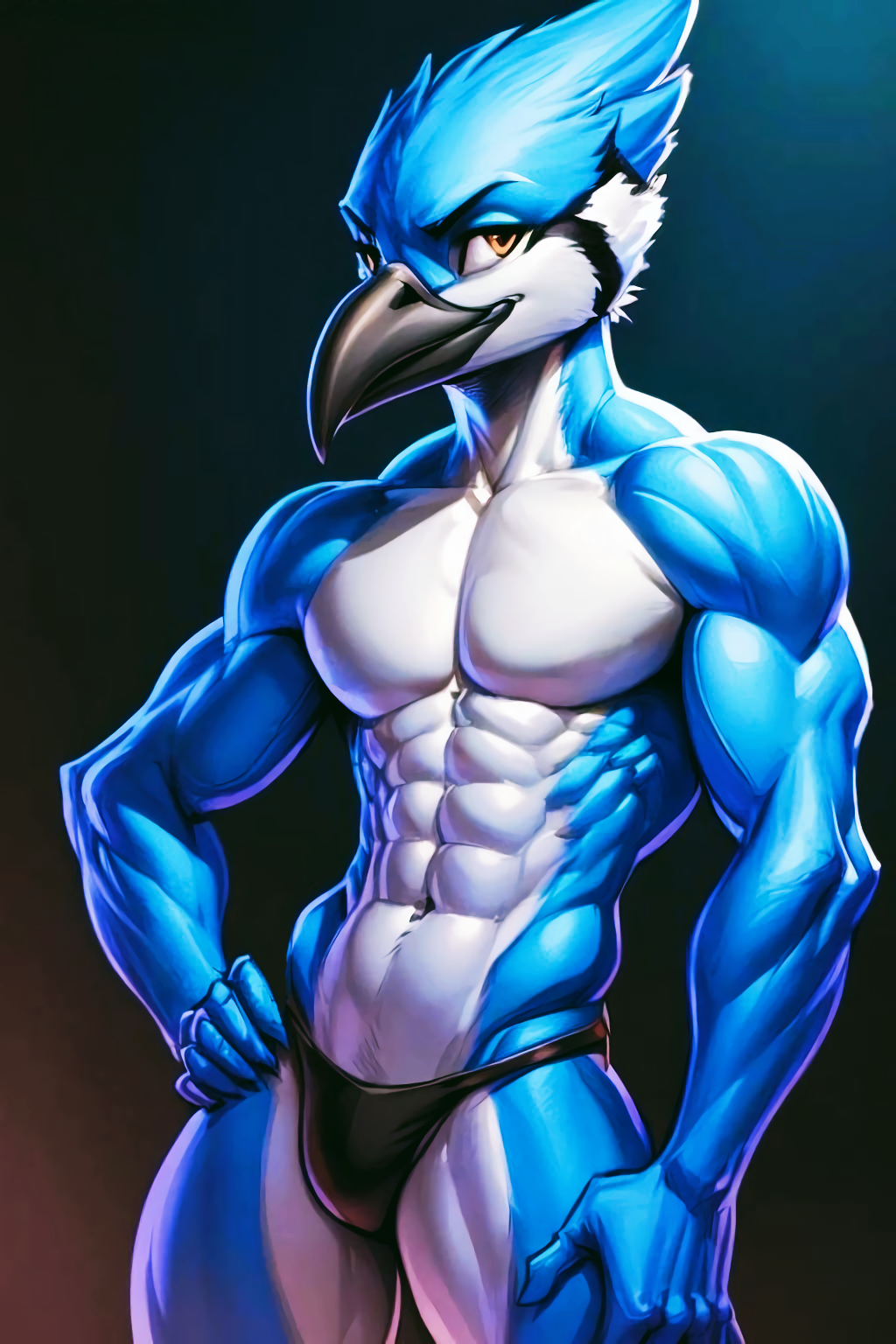 abs ai_generated anthro athletic athletic_anthro athletic_male avian beak biceps bird blue_jay corvid feathers jay_(bird) male muscular new_world_jay oscine passerine pecs solo