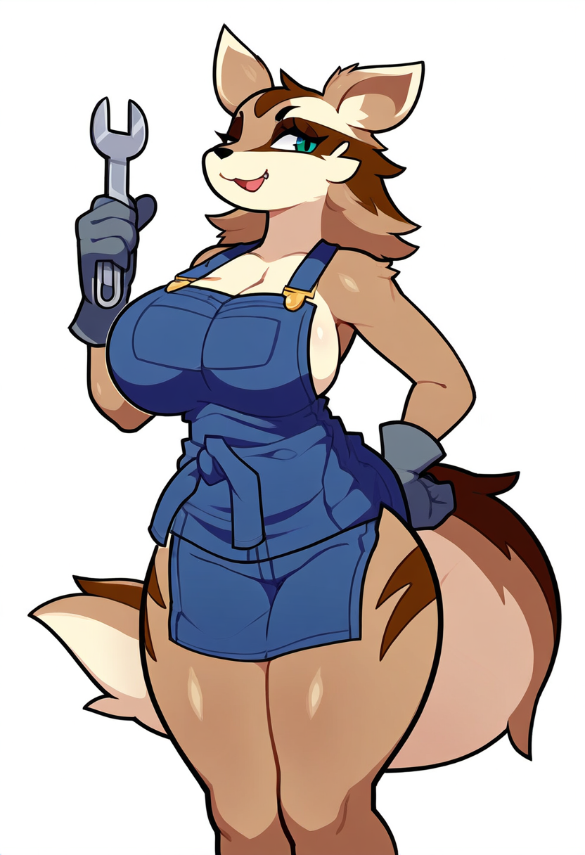 absurd_res ai_generated anthro apron big_breasts breasts brown_body brown_fur canid canine cleavage clothed clothing curvy_figure female female_anthro fur generation_3_pokemon gloves green_eyes hand_on_hip handwear hellsonger hi_res holding_object holding_tool huge_breasts linoone mammal markings overalls simple_background smile solo tan_body thick_thighs tools white_background wide_hips wrench