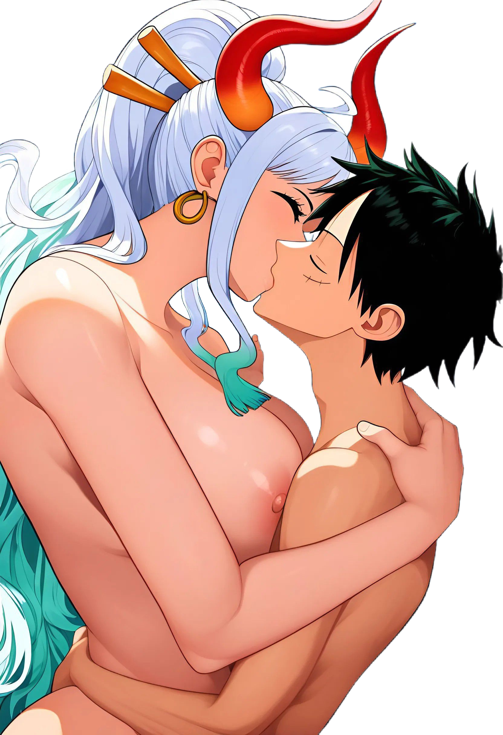 1boy, 1girls, ai generated, big breasts, breasts, closed eyes, curvy body, curvy female, female, grabbing, kissing, male, monkey d luffy, nipples, nude, nude female, one piece, oni, poniemans123, white hair, yamato (one piece)