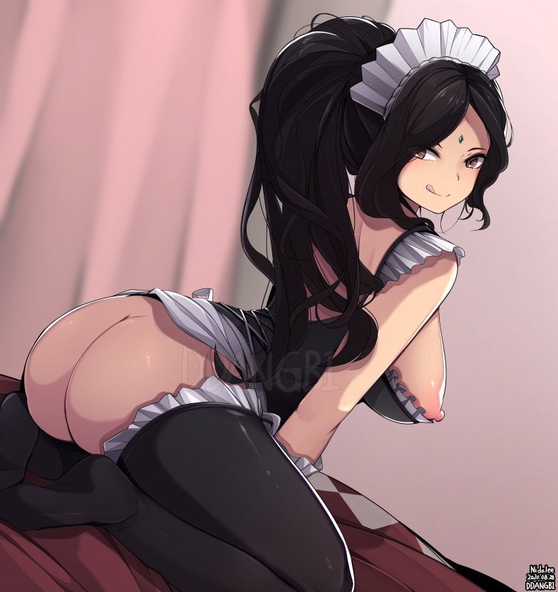 ass, big ass, big breasts, big butt, black hair, breasts, ddangbi, female, french maid, french maid nidalee, league of legends, maid, maid outfit, maid uniform, nidalee, riot games, the grind series, visible nipples
