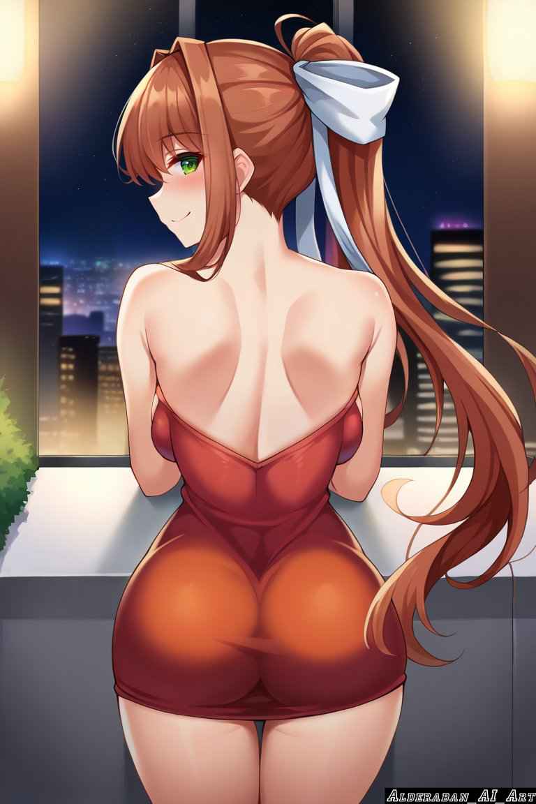 ai_generated alderaban_ai_art ass ass_visible_through_clothes back back_view backboob big_ass doki_doki_literature_club flowing_hair looking_at_viewer looking_back monika_(doki_doki_literature_club) night_sky red_dress solo thick_thighs window